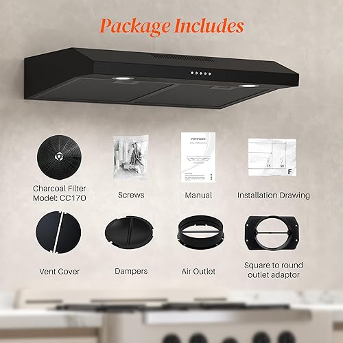 Miniatura 9 de FIREGAS Campana extractora negra de 30 pulgadas debajo del gabinete, campana de cocina convertible sin conductosconductos, 300 CFM, extractor de 3