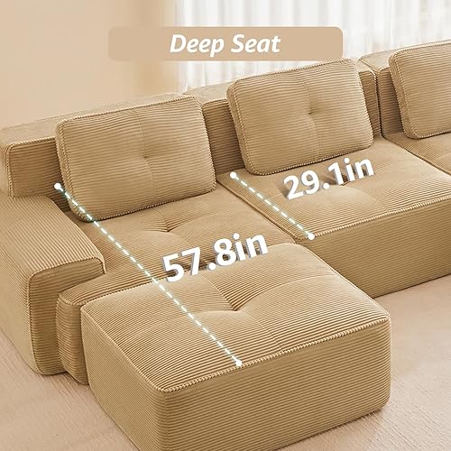 Miniatura 4 de Sofás modulares deshuesados de 115 pulgadas para sala de estar, sofá modular de pana, sofá modular camel, 3 plazas con 1 otomana, sofás para sala de