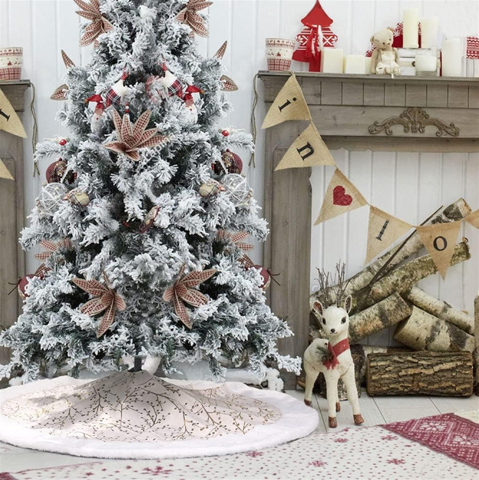 Tappeto Albero di Natale, Gonna per Albero di Natale da 48 Pollici con Bordo in Peluche in Pelliccia Sintetica per Decorazioni per La Casa, Feste Festa Forniture(Gold+White)