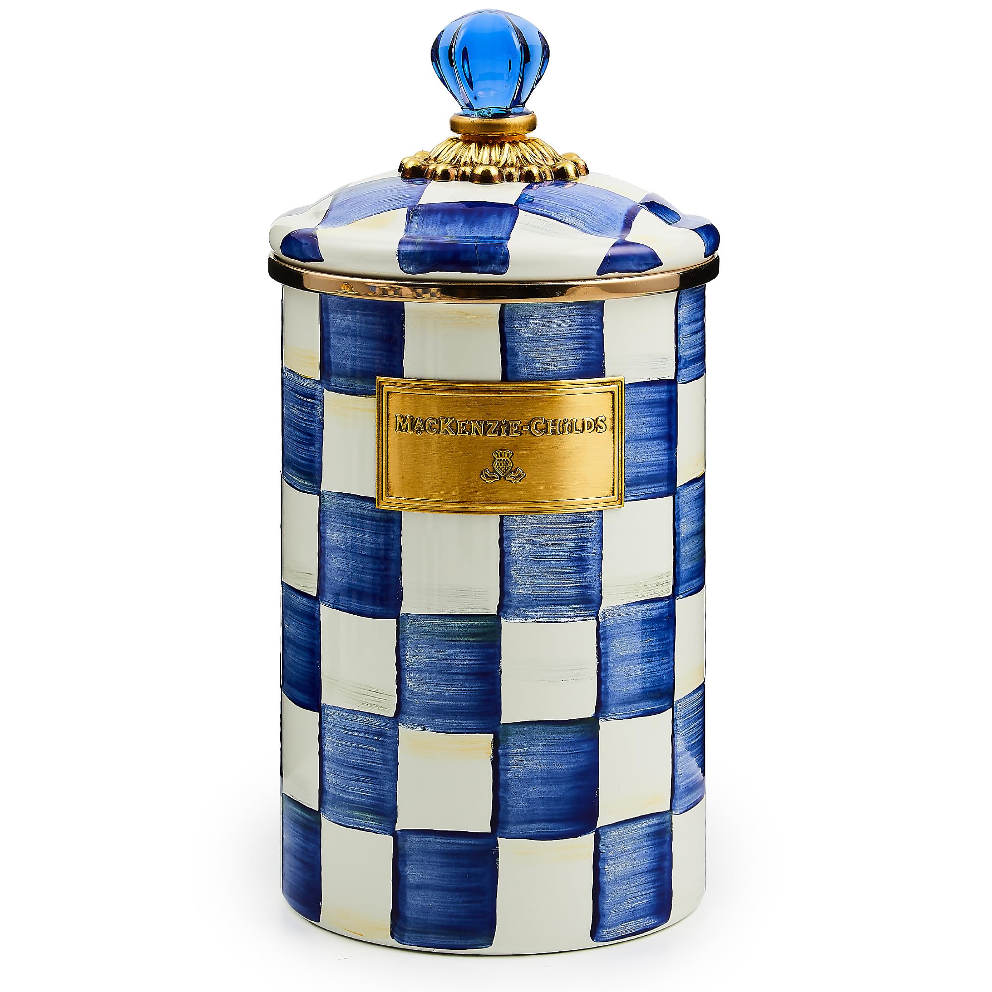 MACKENZIE-CHILDS Large Enamel Canister, Kitchen Storage Container for Flour and Sugar, 1.89 Liters, Blue-and-White Royal Check