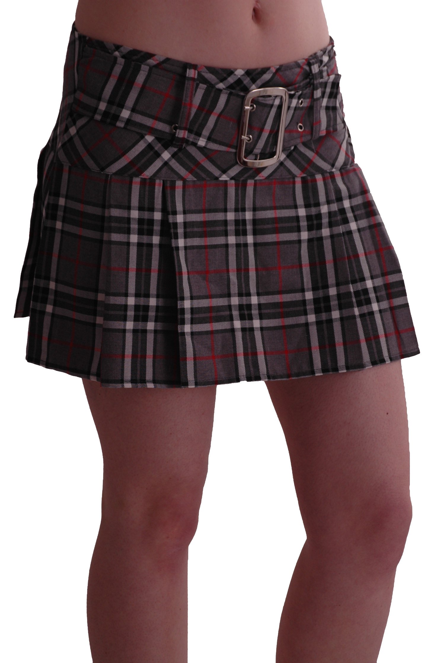 Eye Catch Women's Grey Red Tartan Eyecatchclothing - Bonnie Fashion Tartan Belt Mini Skirt Grey Red Size 14