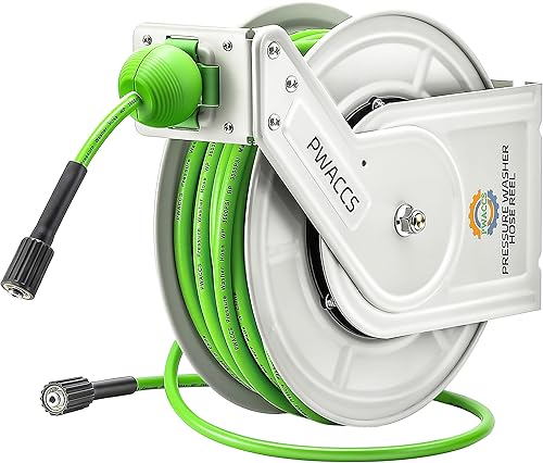 PWACCS Carrete de manguera retráctil para lavadora a presión, carrete de manguera de lavadora de alta resistencia de 1/4 pulgadas x 60 pies,