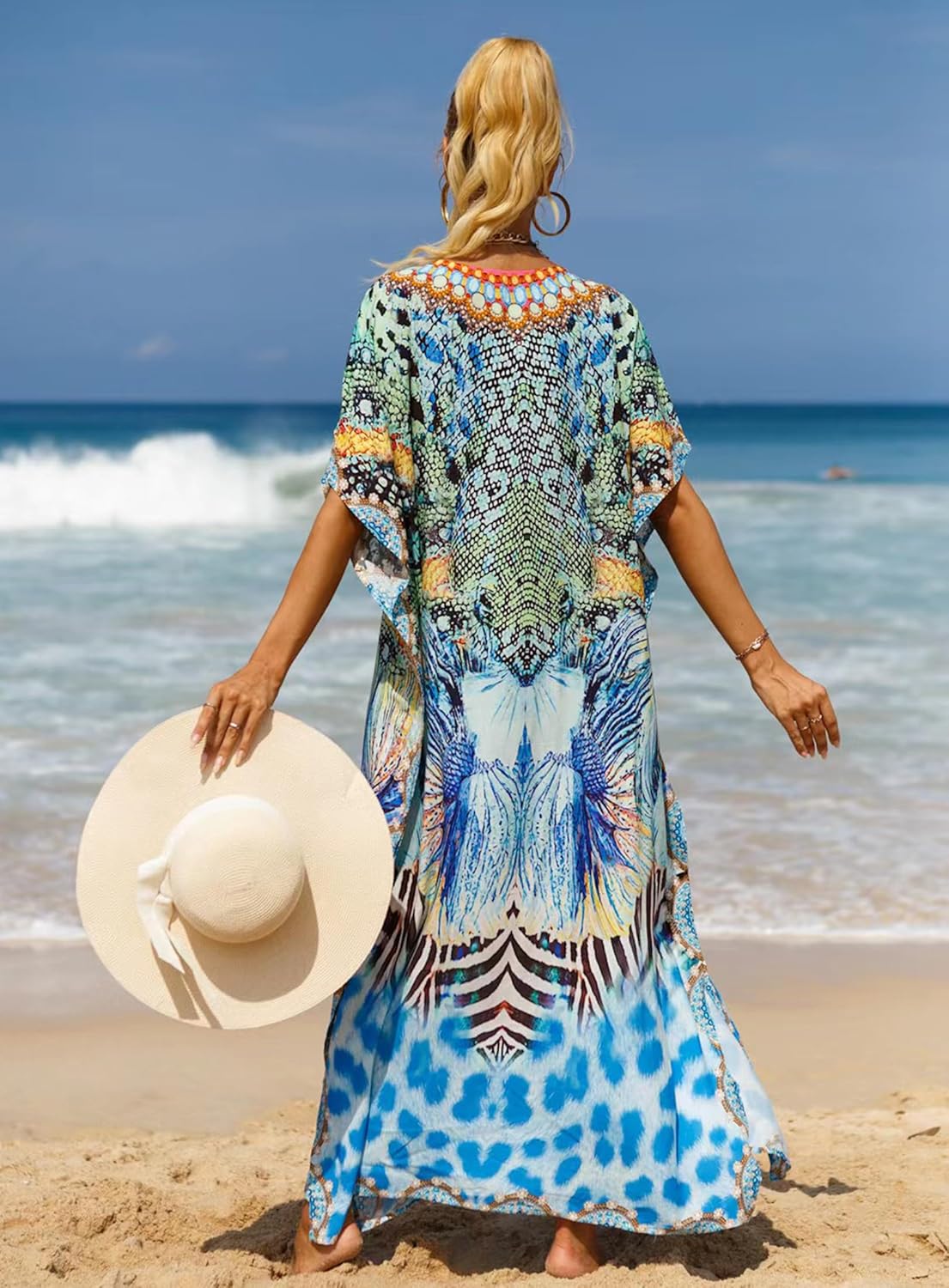 Women's V-Neck Batwing Sleeve Kaftan Dress Lightweight Beach Swimwear Cover Up for Mumu Tropical Vacation - Image 3