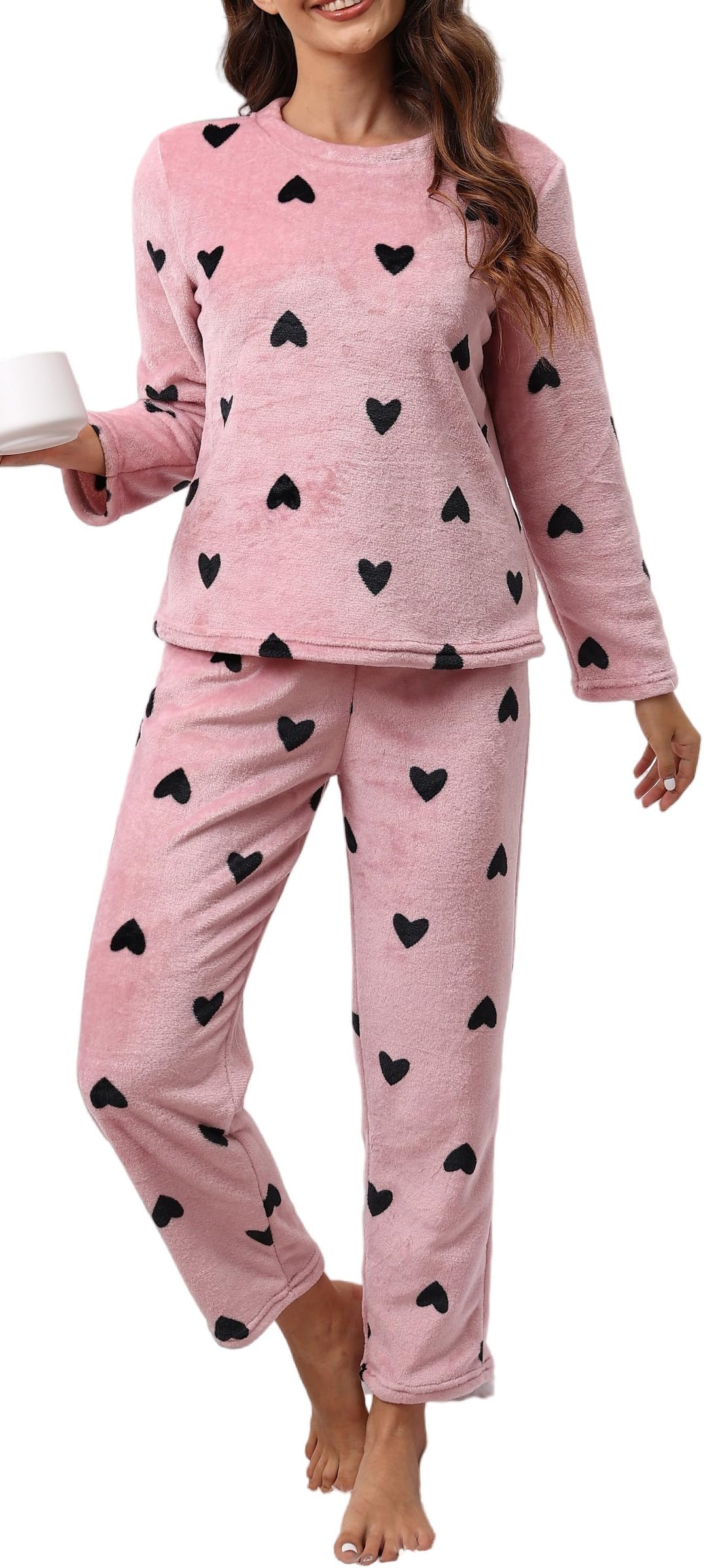 Ensembles de Pyjama Hiver Femme Pajama Set en Polaire 2 Pièce Vêtements de Nuit Chaud Adulte Loungewear Chemise de Nuit S-XL