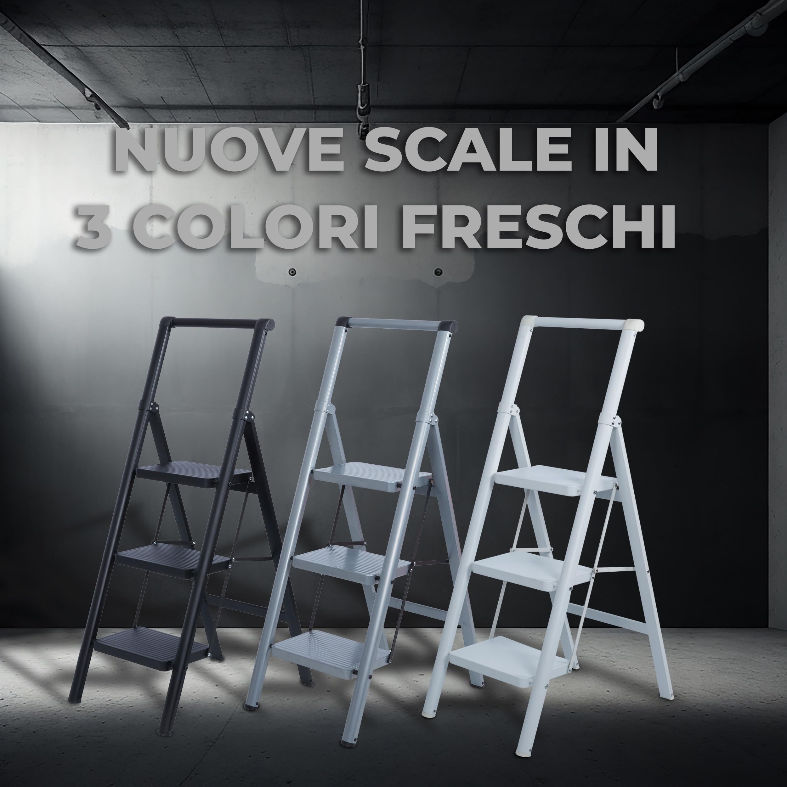 UZIRO Escabeau 3 Marches, Escabeau Pliable et Compact, Echelle Décorative avec Marche Pied Antiscivolo, Idéal pour Maison, Peinture et Décoratif, Durable, Facile à Ranger, Couleur Noir