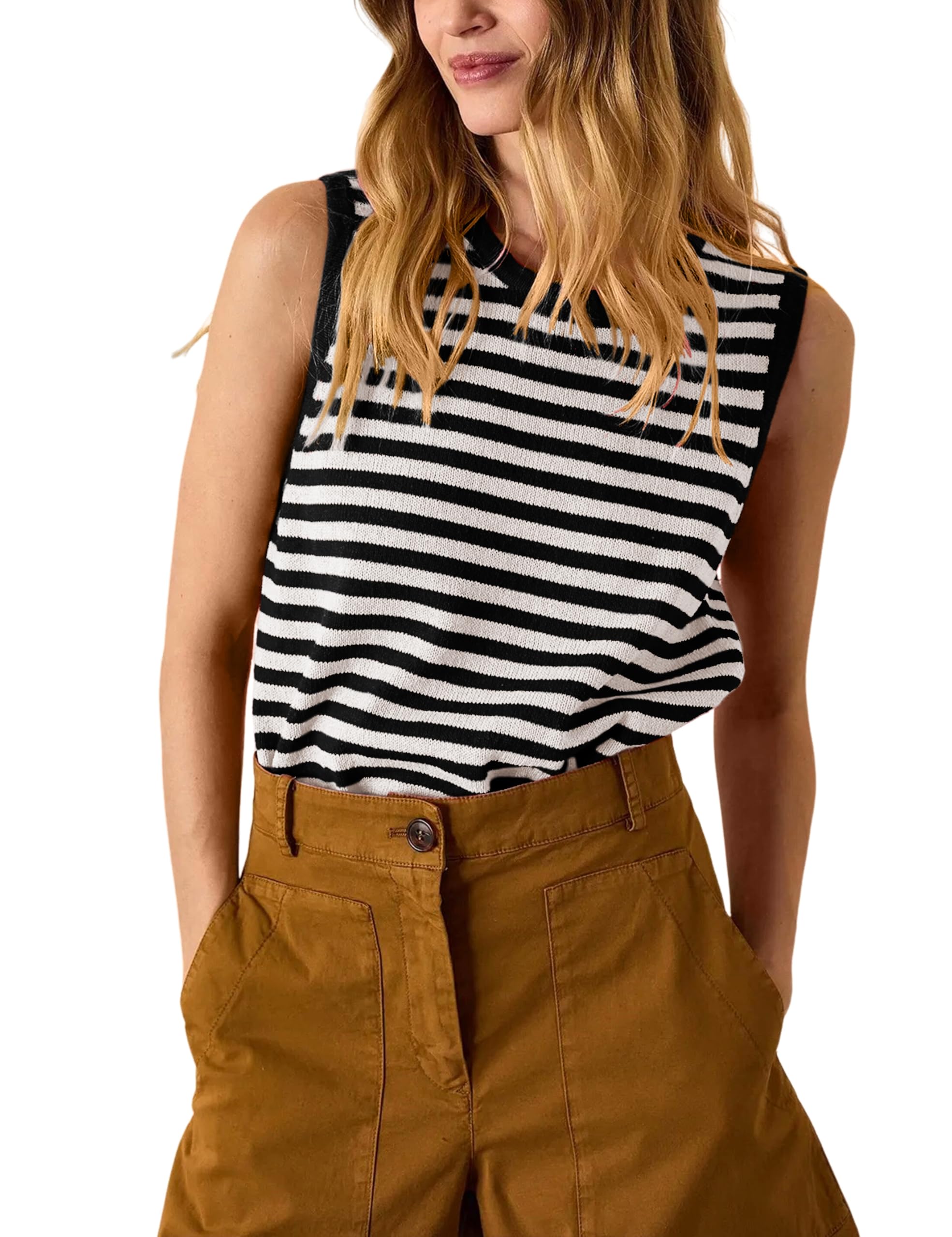 Hongsui Women's Striped Color Block Sweater Vest Ribbed Knit Tank Tops Oversized Crewneck Pullover