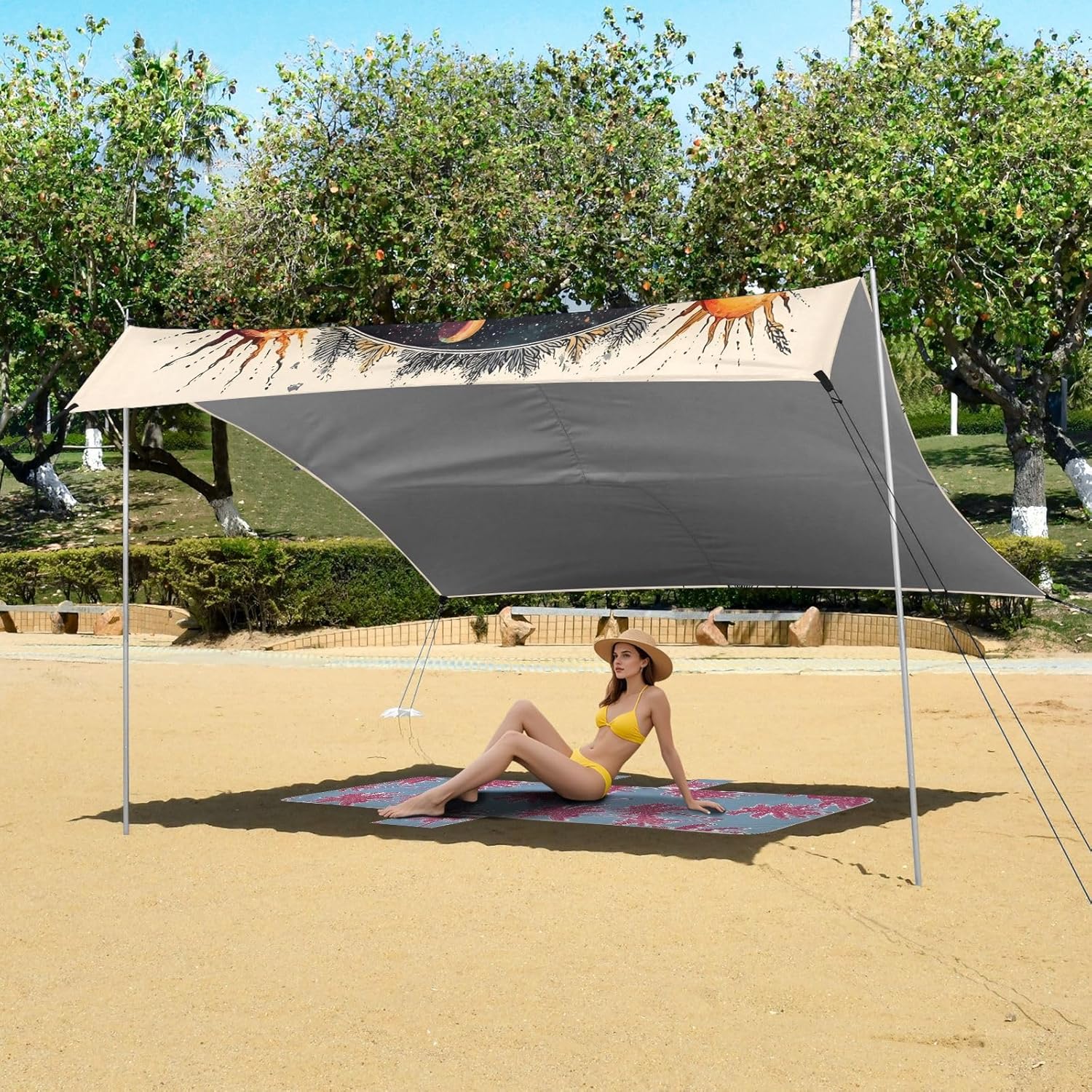 ALAZA Black Cat Moon Witch Beach Tent Sun Shelter UPF50+ Protection Beach Shade Canopy w/ 4 Sandbags for Outdoor Camping, Fishing, Backyard Fun, Picnic, 10x9 ft