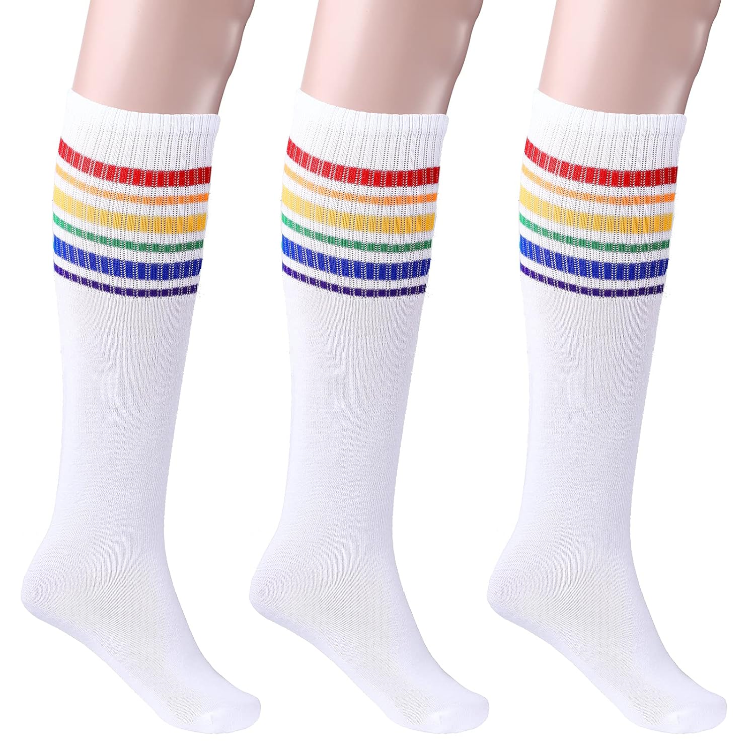 Skylety 5 Pcs Striped Sweatband Sock Set Wrist Sweatband Headband High Striped Headband for Men Women Sports 80s Party(Rainbow Color) - Image 5
