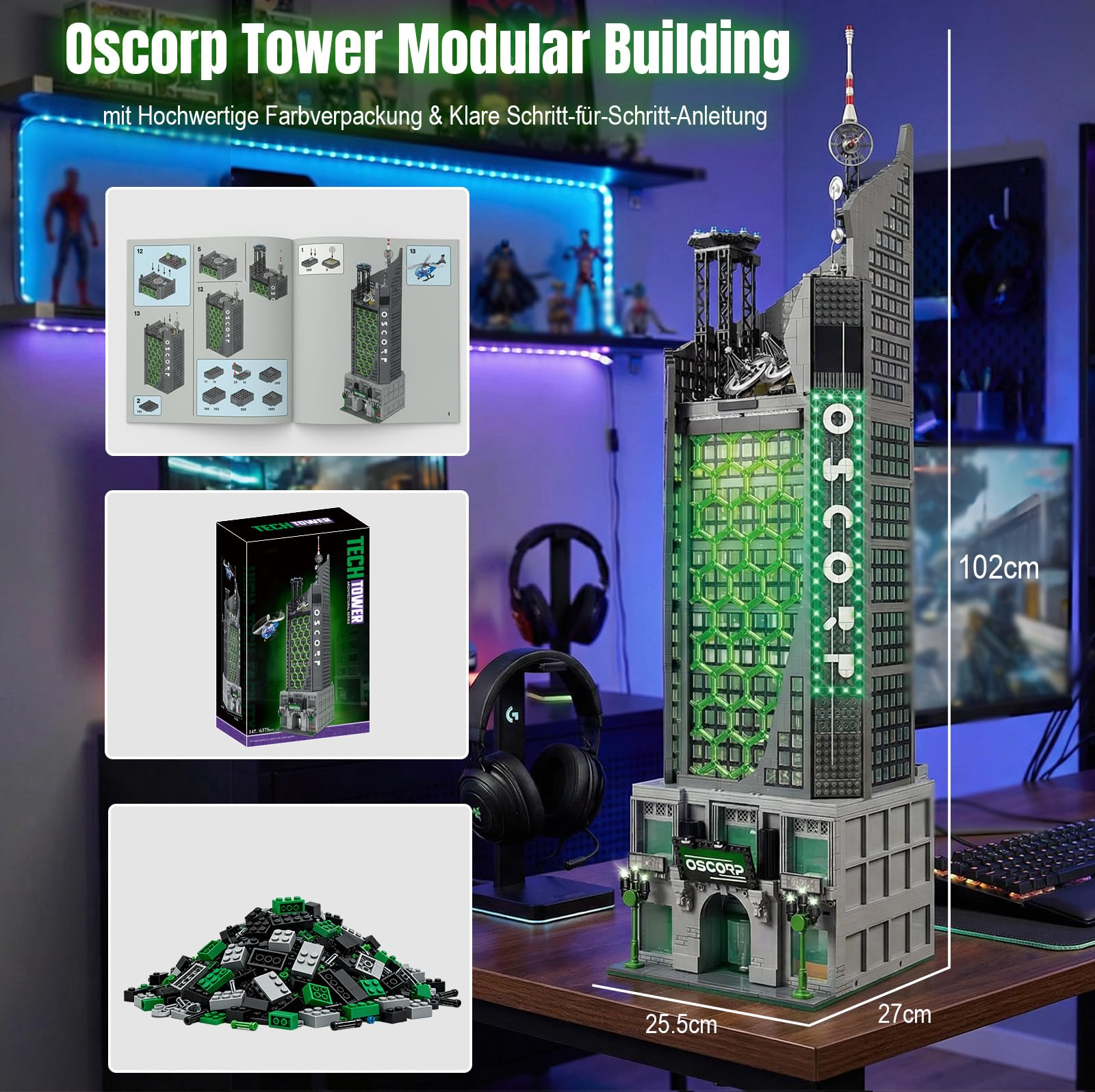 Spider Oscorp Hero Tower mit Hubschrauber - 6375 Teile 102 cm hohes Klemmbausteine Architektur Modular Building Set, Gebäude Modell für Erwachsene und Filmfans Youmko YM014