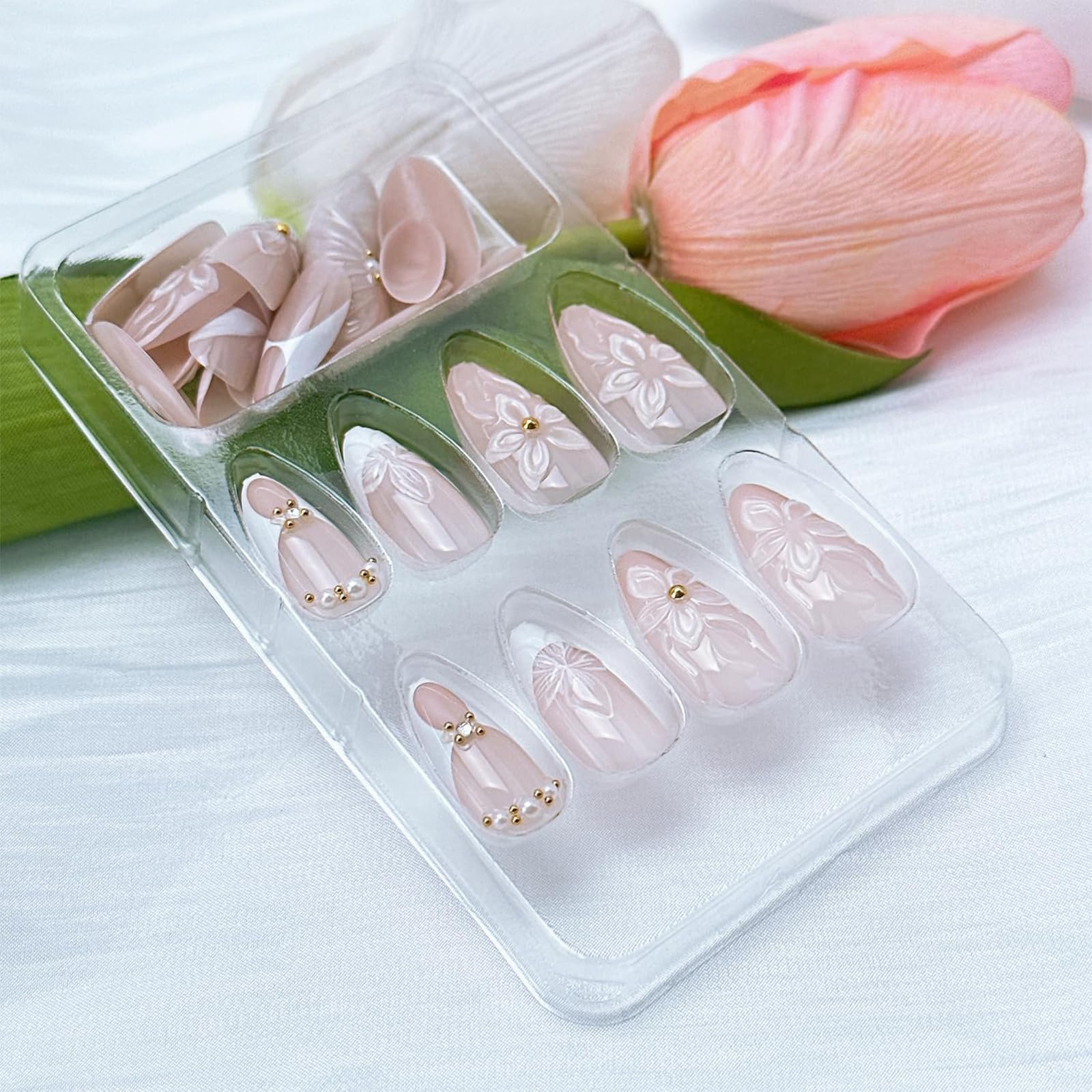Shimmerz 24 Pieces Almond Styling Nails White Ombr with 3D Flowers Glitter Press On Nails Medium Length Reusable Elegant Ladies Manicure - Image 4