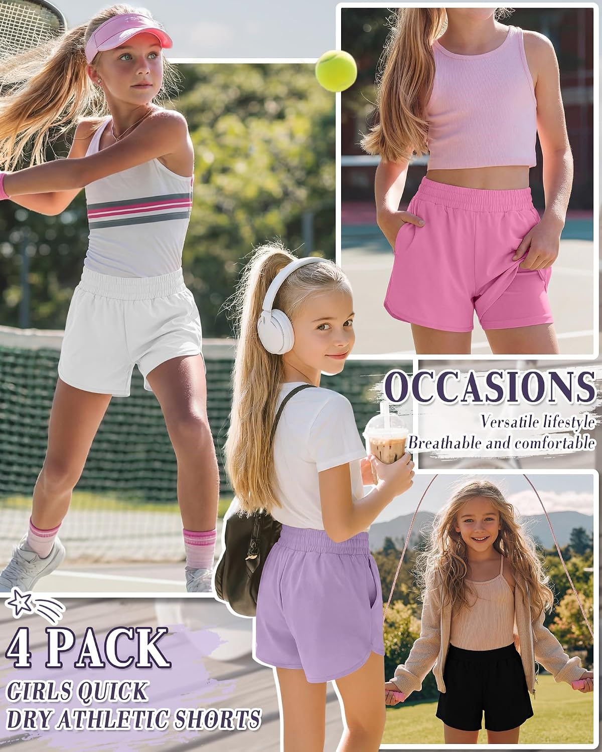 4 Pack Girls' 2 in 1 Athletic Shorts