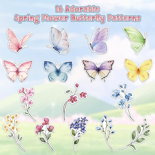 Miniatura 3 de A1diee Calcomanía de mariposa de flores de primavera, 1000 unidades en 2 rollos con 16 patrones, lindas acuarelas de mariposa silvestre, calcomanías