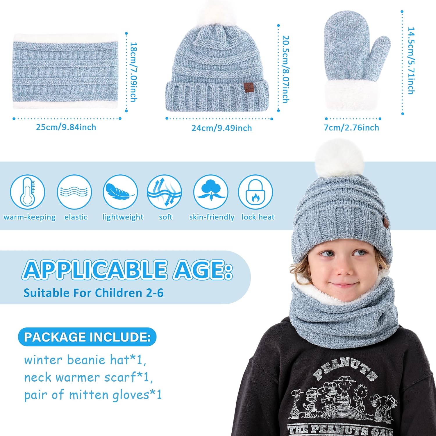 Toddler Kids Winter Warm Knit Beanie Hat Neck Warmer Scarf Gloves Set with Pompom Gifts for 2 3 4 5 6Years Old Girls Boys - Image 5