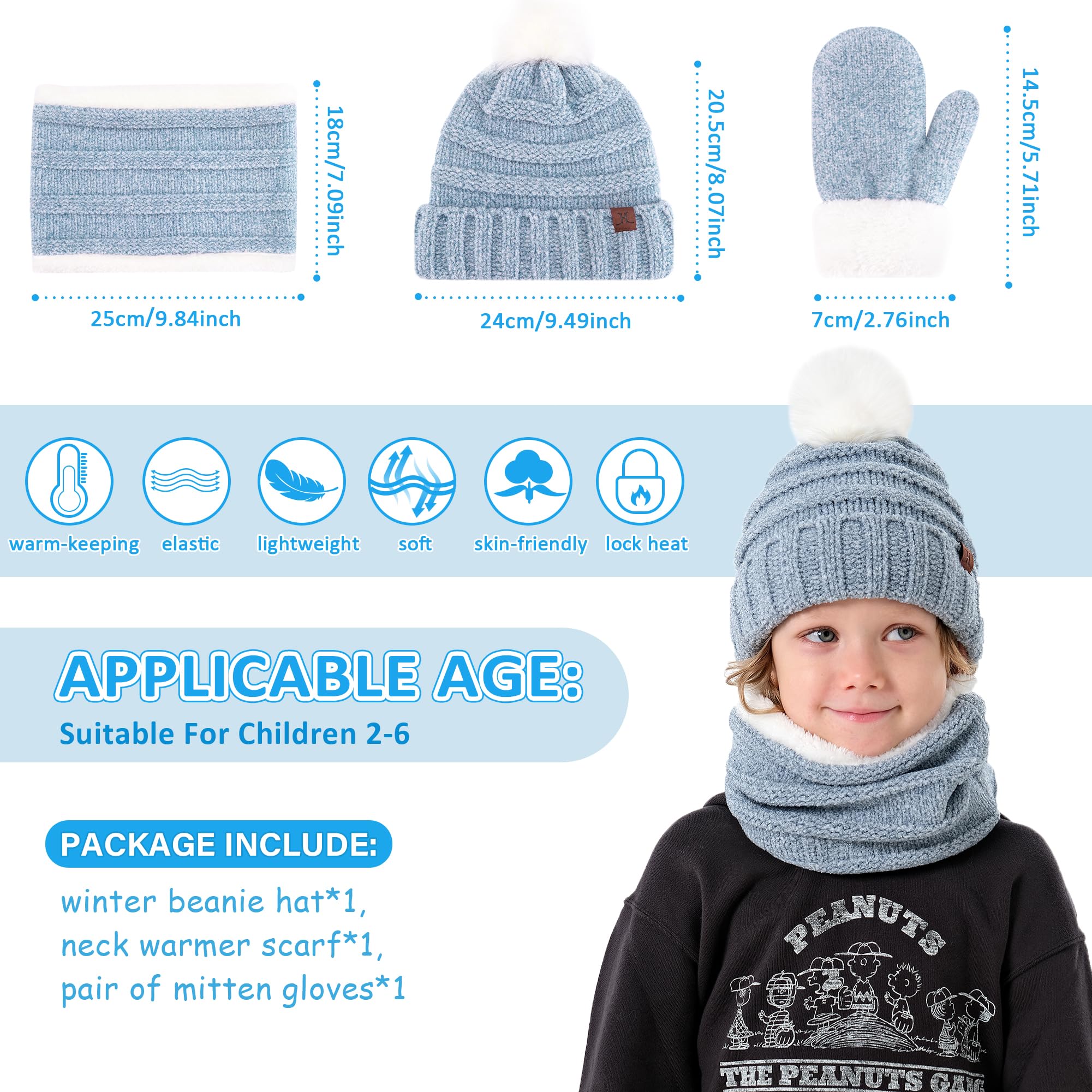 Bequemer Laden Enfants Hiver Bonnet Chaud Écharpe Cache Cou Gants Ensemble avec Pompon Doublé Polaire Cadeaux pour 2 3 4 5 6 Ans Fille Garcon Tout Petit