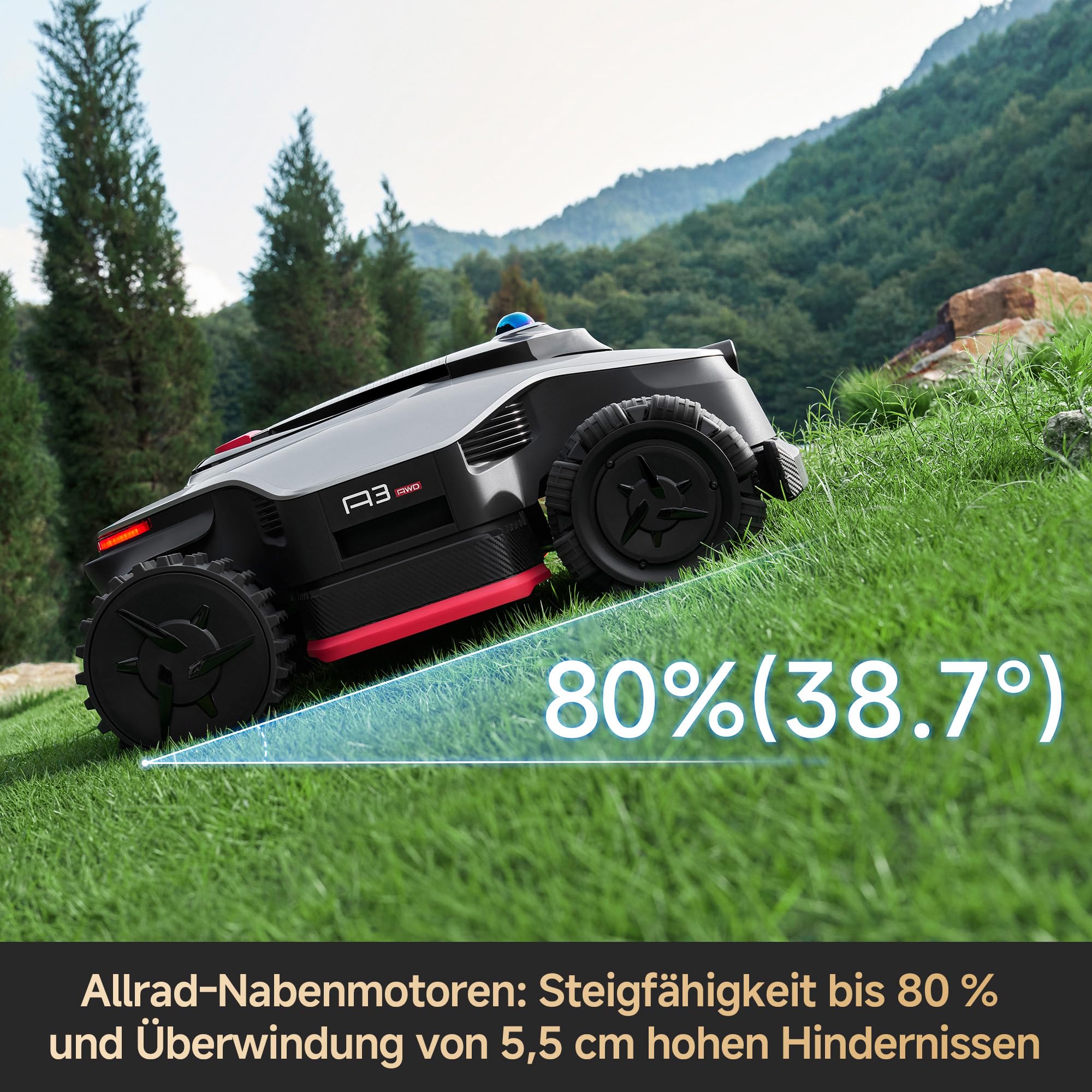DREAME A3 AWD Pro 3500 Robot-Rasenmäher, für 3500 m², 4WD-Nabenmotoren, ohne RTK, 360° 3D-LiDAR & KI-Vision, Steigfähigkeit bis zu 80% (38,7°), EdgeMaster 2.0: ＜ 4 cm Kantenpräzision - 5