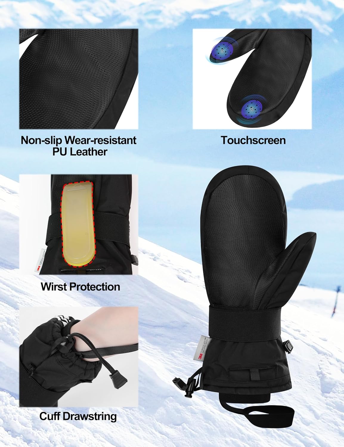 KUTOOK Ski Mittens Waterproof Snowboarding Gloves with Wrist Guards 3M Thinsulate Cotton Touchscreen Gloves for Men Women