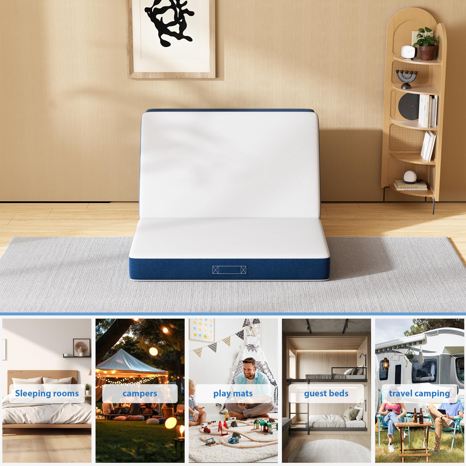 DEWINNER Colchón Plegable Triple 75x195x15cm, Colchón Versátil para Huéspedes, Espuma 15cm, Funda Lavable a Máquina, Colchón Plegable, Colchón de Viaje con Asa de Transporte