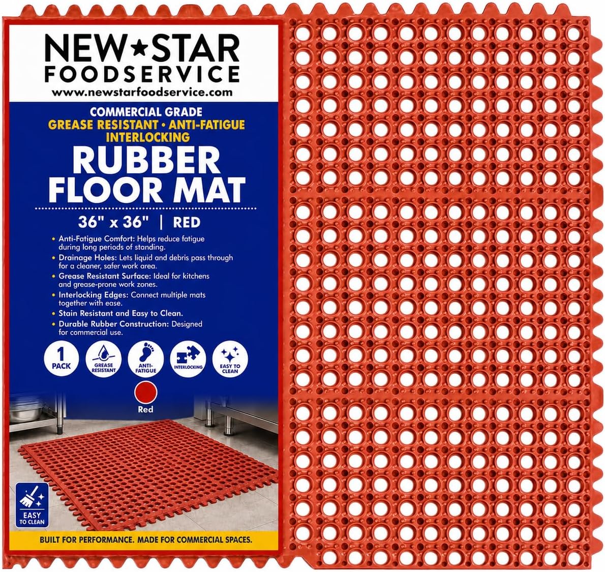 New Star 1 pc Heavy Duty Red 36x36 inch Interlocking Restaurant / Bar Grease Resistant Rubber Floor Mat