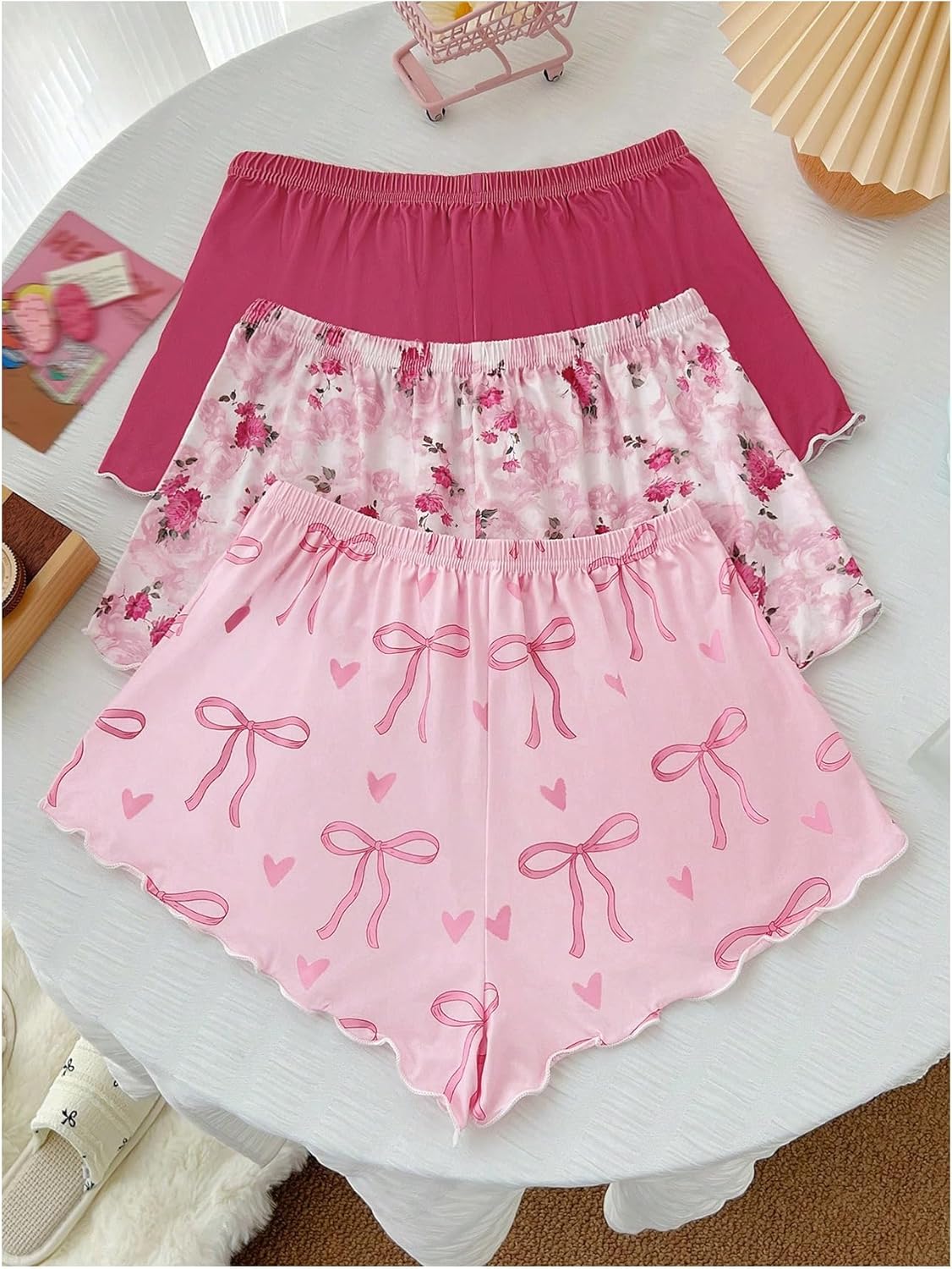 WDIRARA Women's 3 Pack Bow Floral Pajama Shorts Cute Sleep Bottoms Soft Lounge Pj Shorts - Image 2