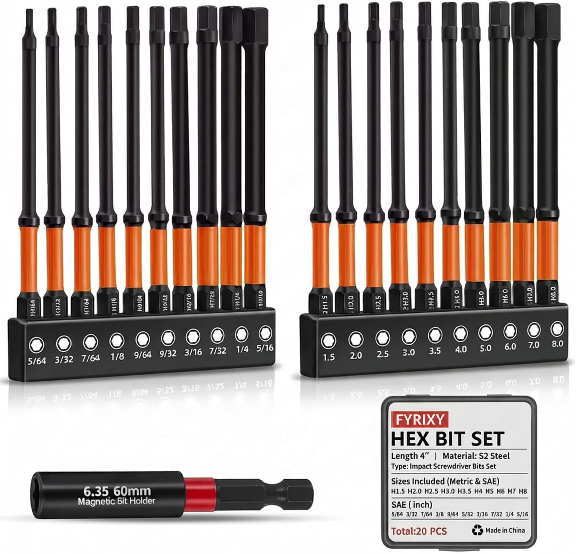 20PCS Allen Wrench Drill Bit Set, Long Hex Bits, S2 Steel