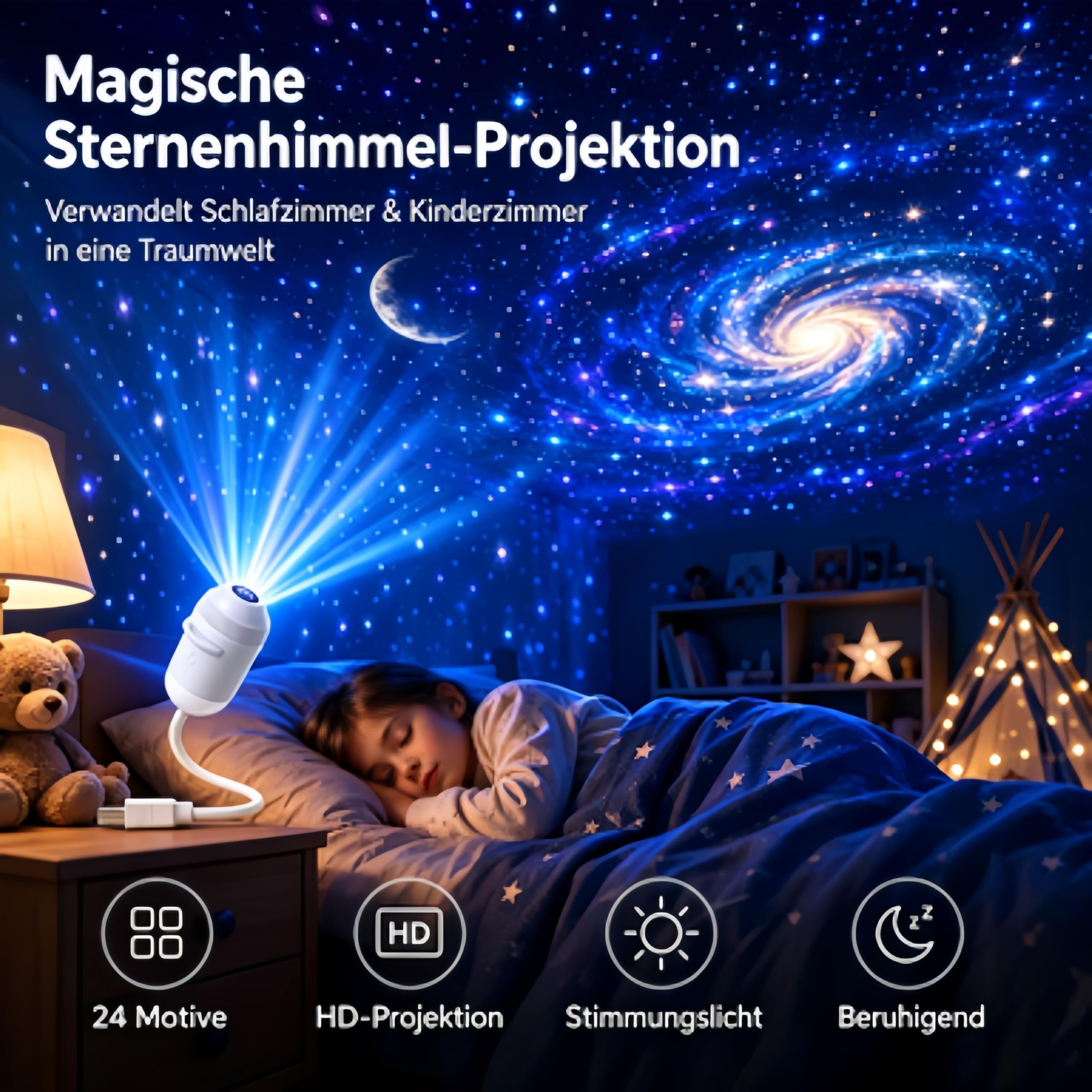 JXpxbao comauo USB Sternenhimmel-Projektor-Nachtlicht, hochauflösender Sternenhimmel-Projektor, geeignet für Schlafzimmerdecken und Autodächer. (Mit 12 Filmen)