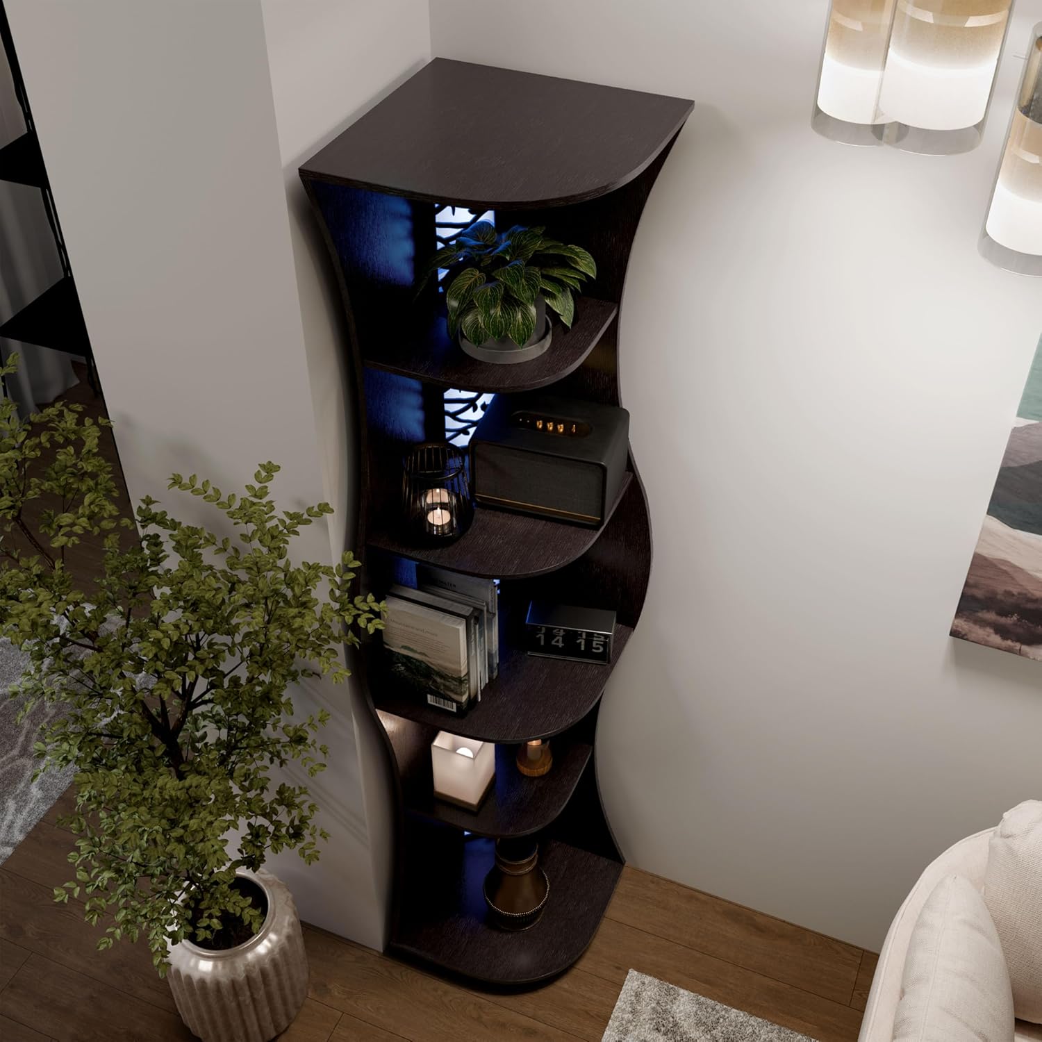 Homes: Inside + Out Connelly Modern 5 Shelf LED Bookcase, Unique Thin Wood Bookshelf with Storage and Remote, Office Shelving,Tall Book Shelf for Bedroom, Living Room and Small Spaces, Cappuccino