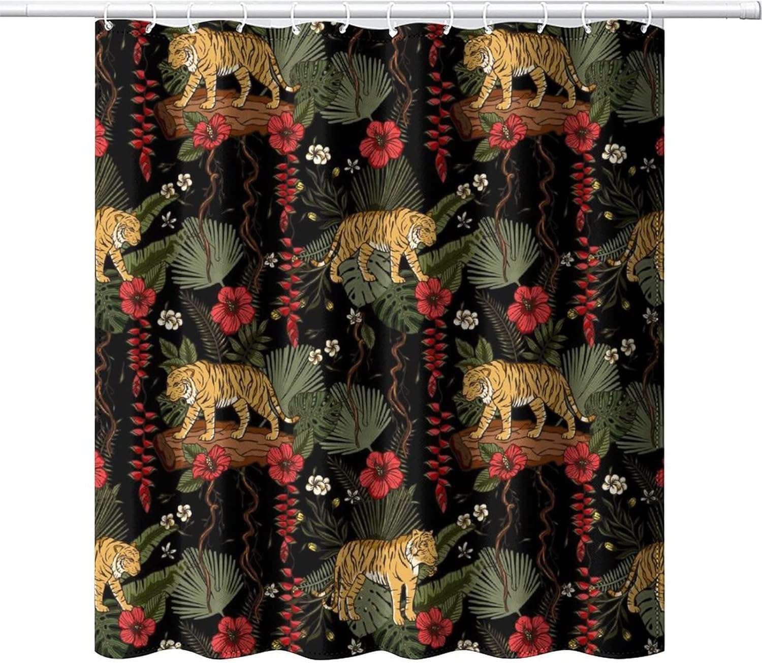 Tiger Tropical Palm Leaf Waterproof Fabric Shower Curtain,Rainforest Red Flower Wildlife Animal Tiger Soft Hotel Quality Cloth Shower Light-Weight & Machine Washable - 72L x66W