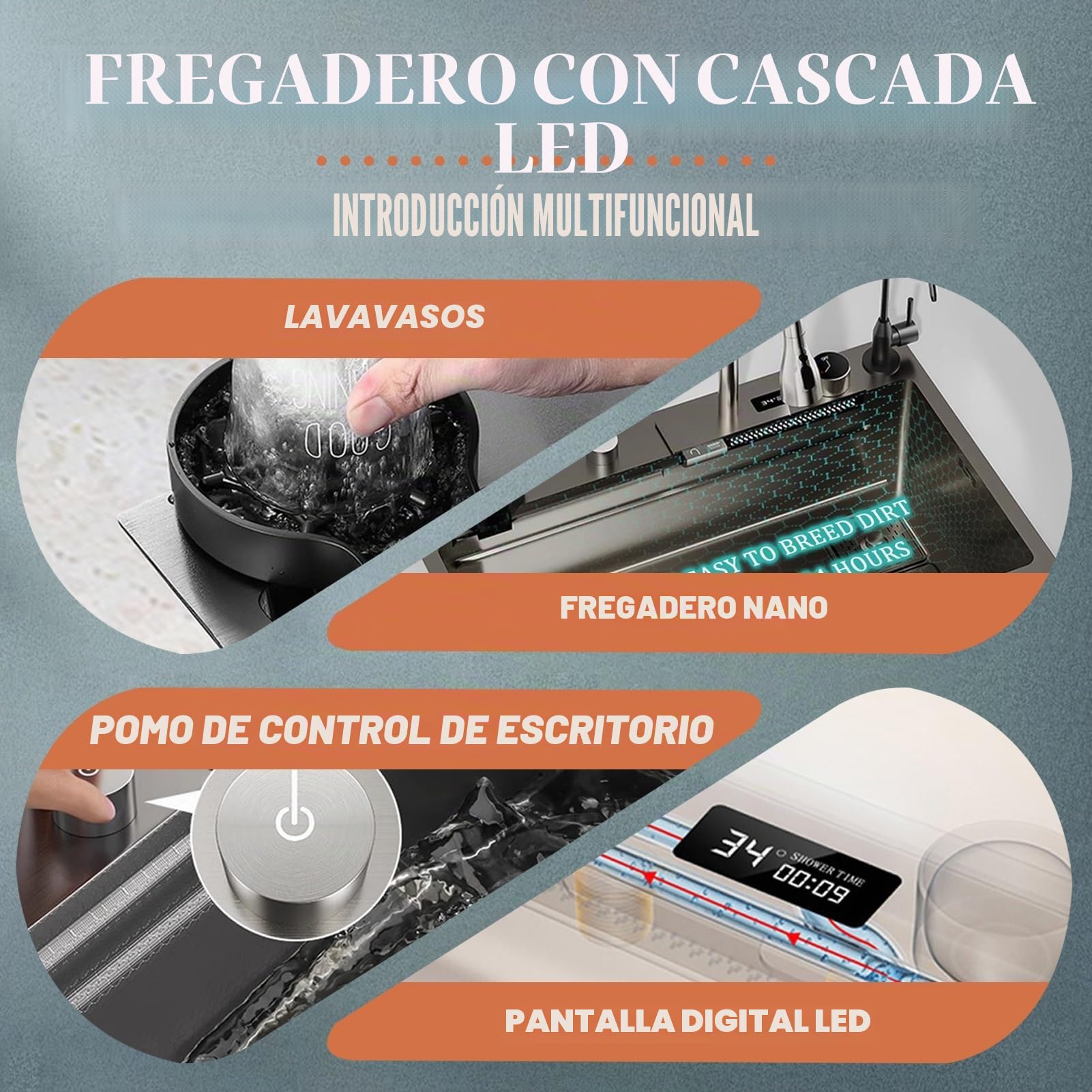Fregadero de cocina con cascada negra, 80 x 45 cm, 1 cuenco, acero inoxidable, rectangular, sifón, rebosadero y desagüe, moderno y multifuncional, fregadero cascada con juego de accesorios