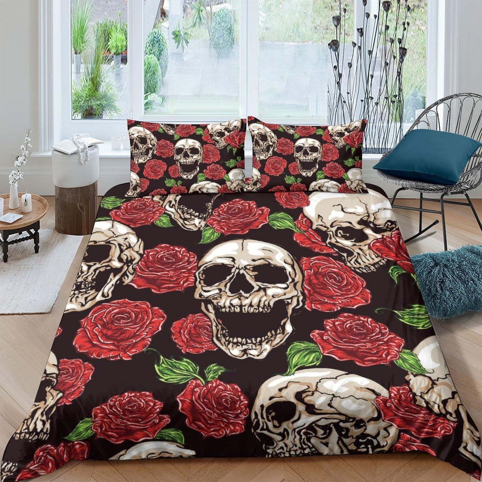 Tyuiopasdfg Colorful-5 Art Lover Skull Duvet Cover Set Microfiber 3 Piece Rose Bedding Set Soft Touch Bedroom Decor Double（200X200cm）