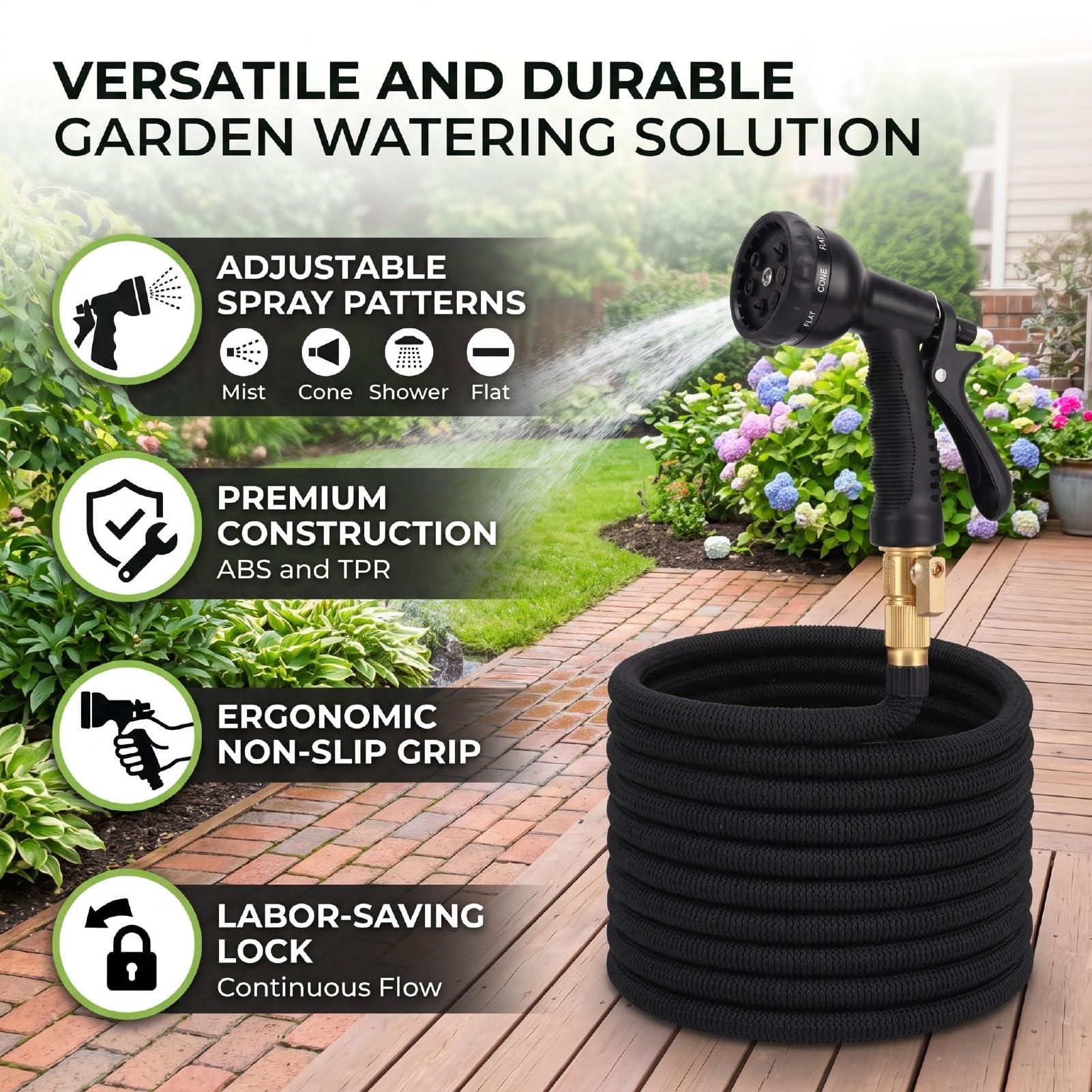 AMONIDA Ugello per Tubo da Giardino Ugello Spruzzatore in ABS TPR | Ugello per irrigazione con maniglia di bloccaggio a 10 modelli per il lavaggio dell'auto da giardino