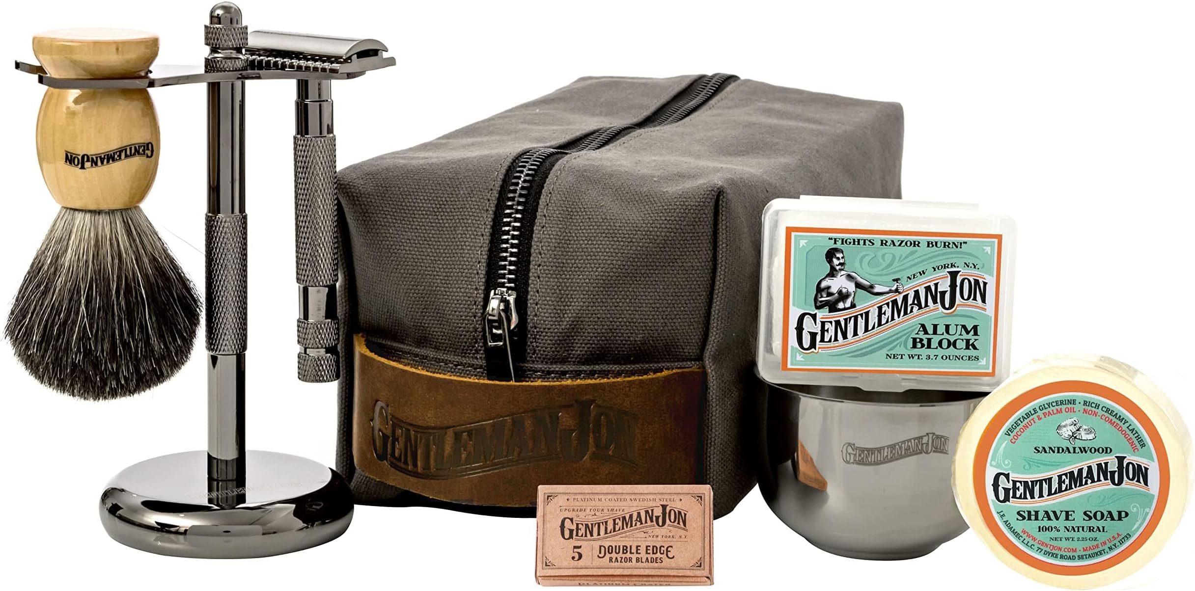 Gentleman Jon Deluxe Wet Shave Kit | Includes: Safety Razor, Badger Hair Brush, Shave Stand, Canvas Leather Dopp Kit, Alum Block, Shave Soap, Stainless Steel Bowl