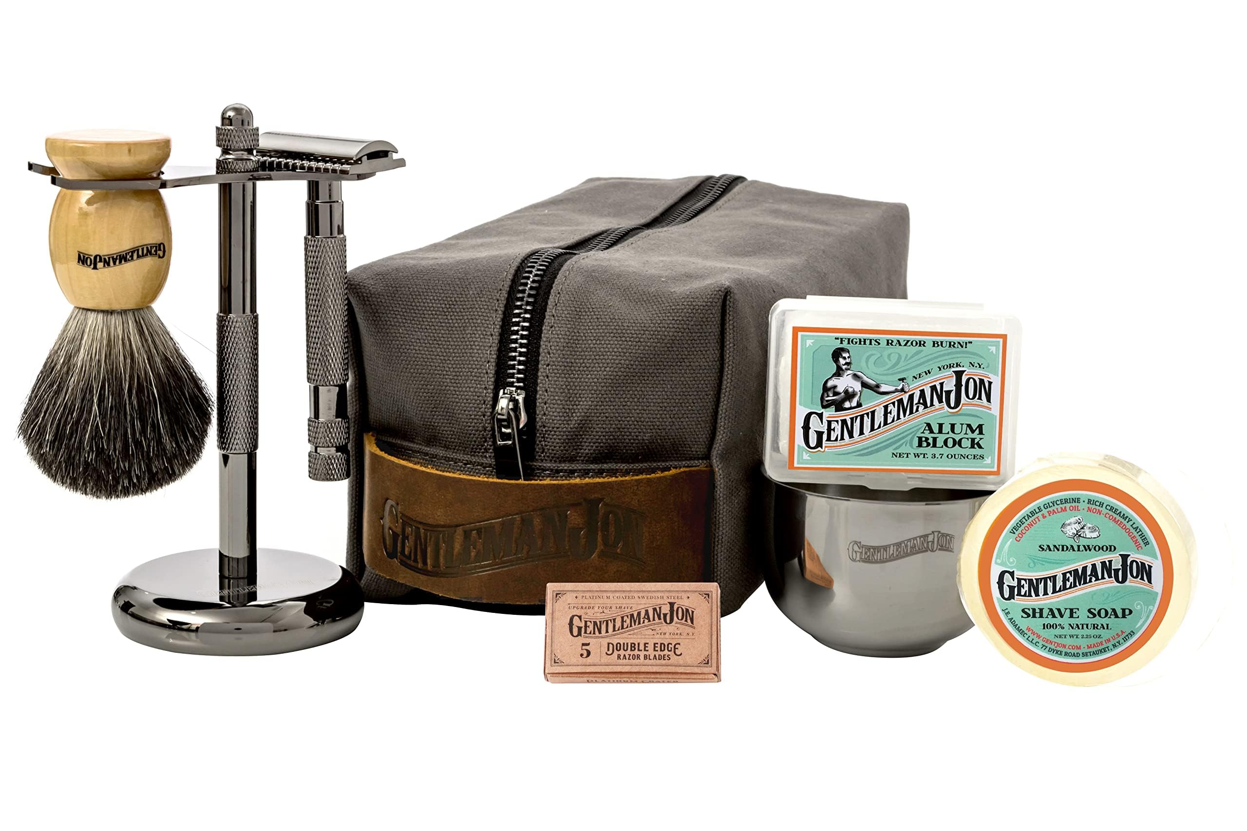 Gentleman Jon Deluxe Wet Shave Kit | Includes: Safety Razor, Badger Hair Brush, Shave Stand, Canvas Leather Dopp Kit, Alum Block, Shave Soap, Stainless Steel Bowl