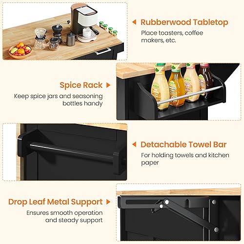 Miniatura 6 de Yaheetech Carrito de isla de cocina con hoja caída, barra de desayuno de cocina con 5 ruedas universales con gabinete de almacenamiento, parte Negro