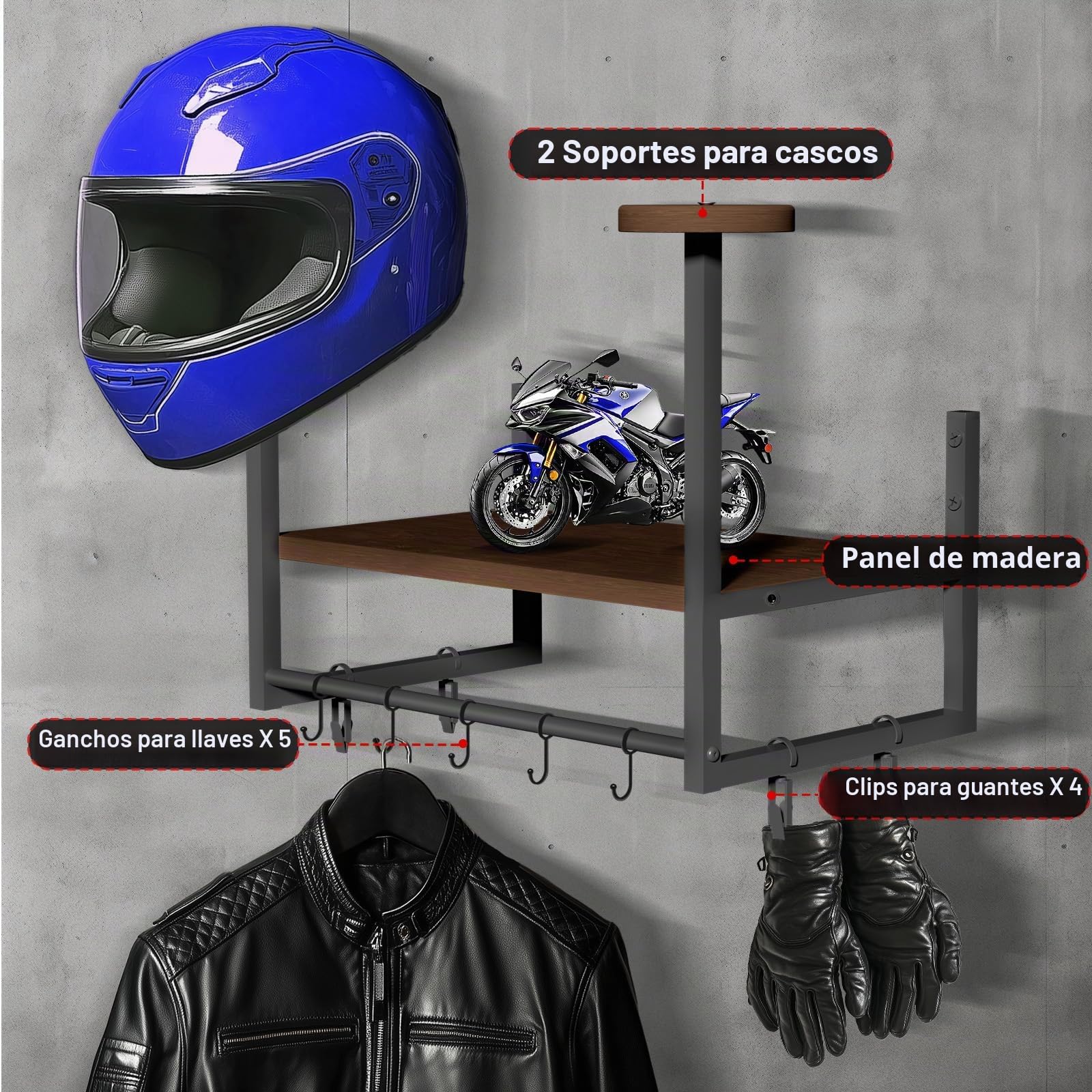 Soporte de pared moto para casco, colgador casco moto pared Perchero con tablas de capas de madera, 2 soportes para casco, fútbol y equipo de ciclismo, Marrón oscuro