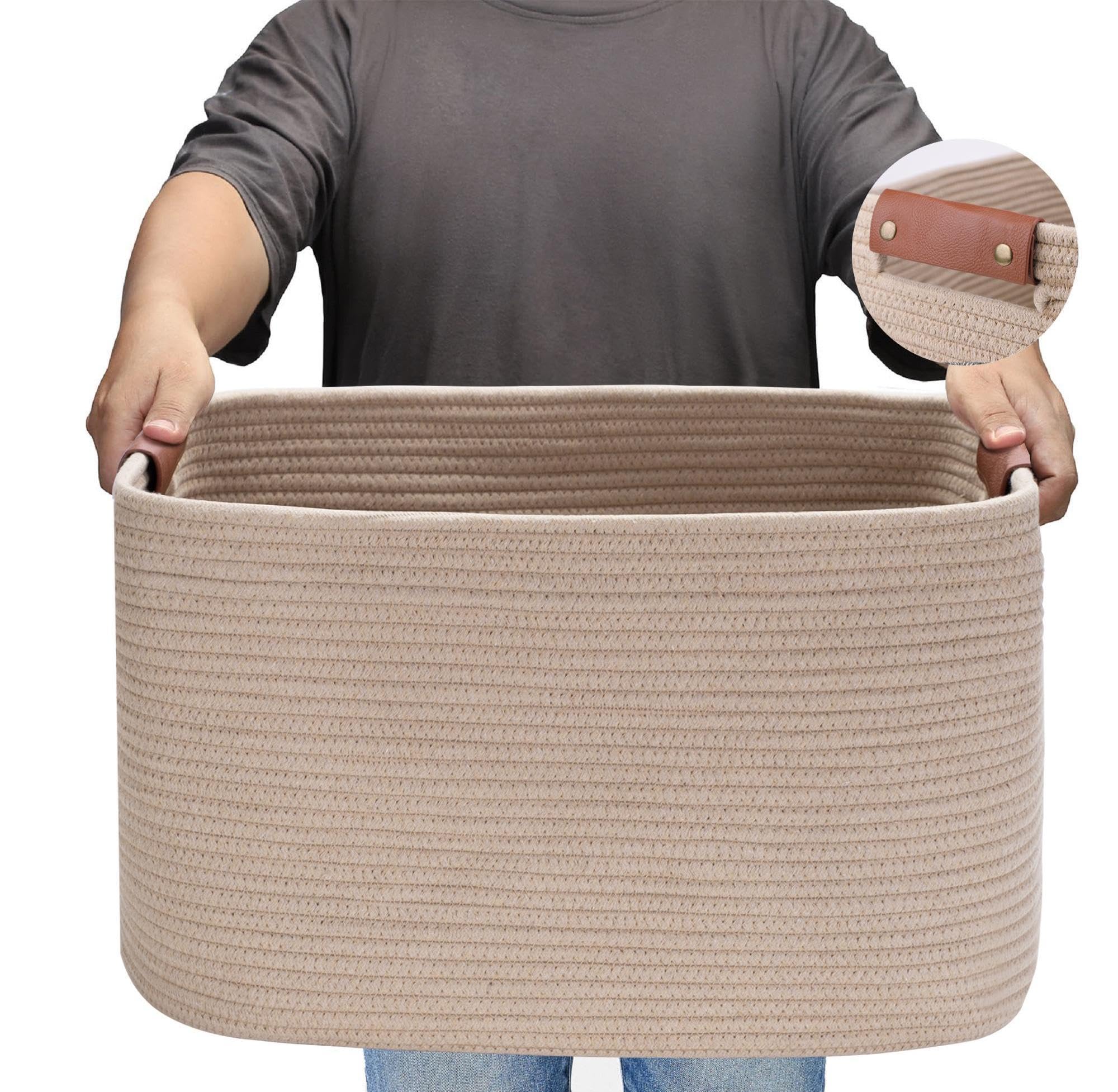 Large Cotton Rope Storage Basket with Leather Handles, Laundry Hamper Basket, 20 "L x 14" W x 12 "H, Durable & Stylish Organizer for Home.(Large Khaki