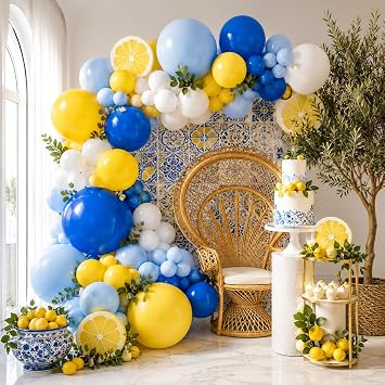 Blue White Yellow Balloon Arch Kit, Graduation Yellow Royal Blue Latex Party Balloons for Lemon Amalfi Coast Baby Shower Anniversary Birthday Wedding Graduation Party Decorations