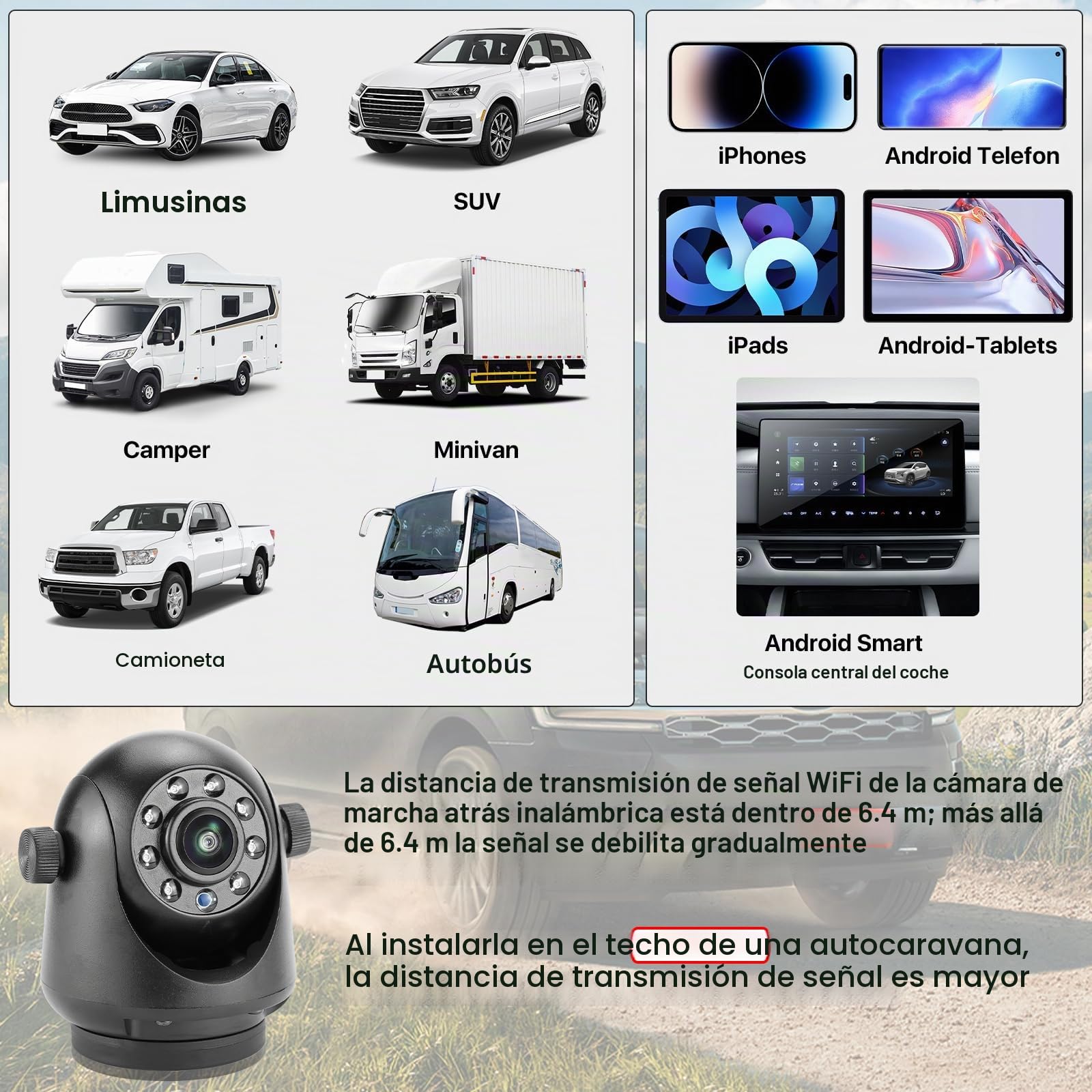 WiFi magnético enganche inalámbrico visión nocturna cámara de visión trasera, batería recargable, adecuado para iphone android, fácil de montar cuello de cisne barco viaje percha RV
