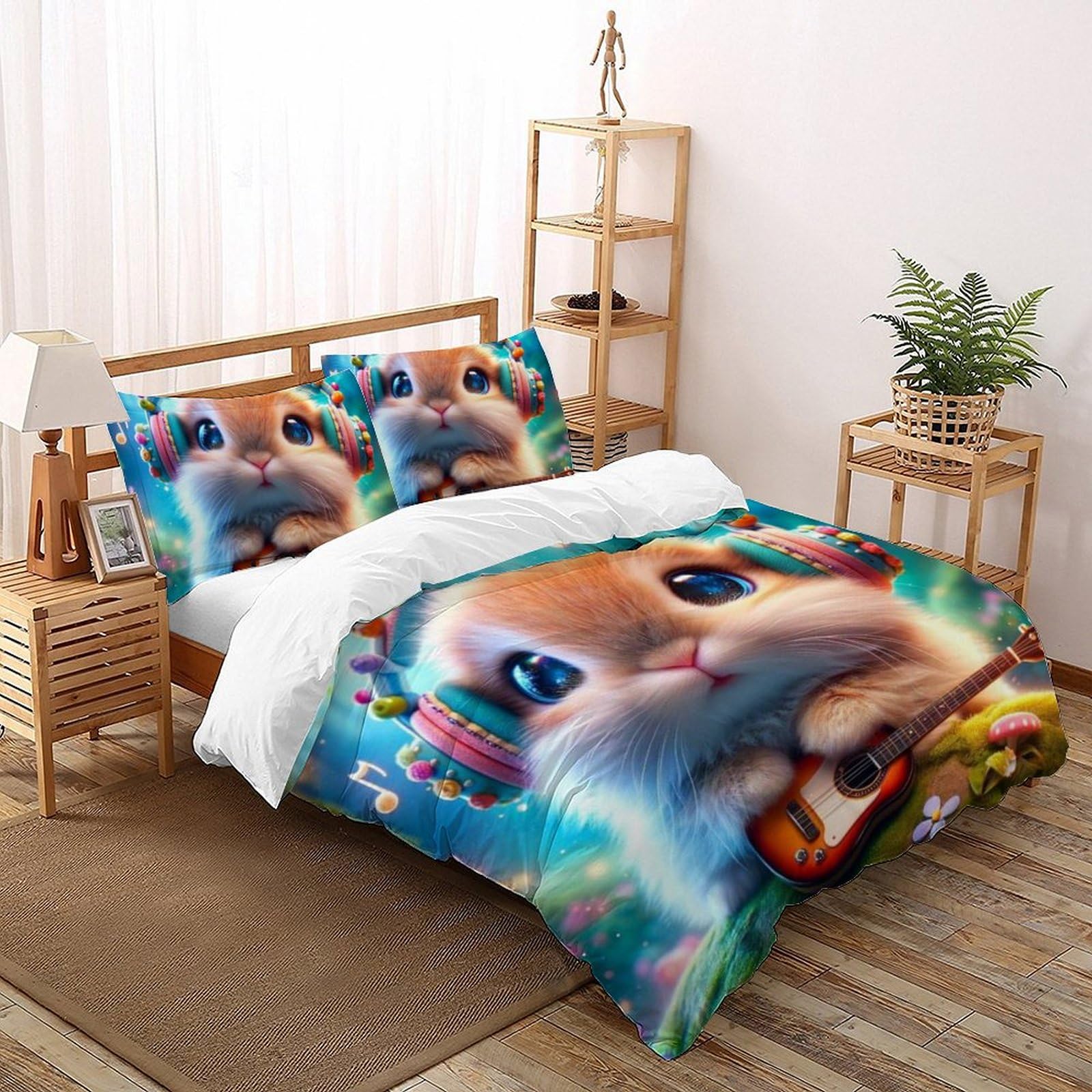 Housse de couette 3 pièces lapin animaux, parure de lit double 200x200 respirante