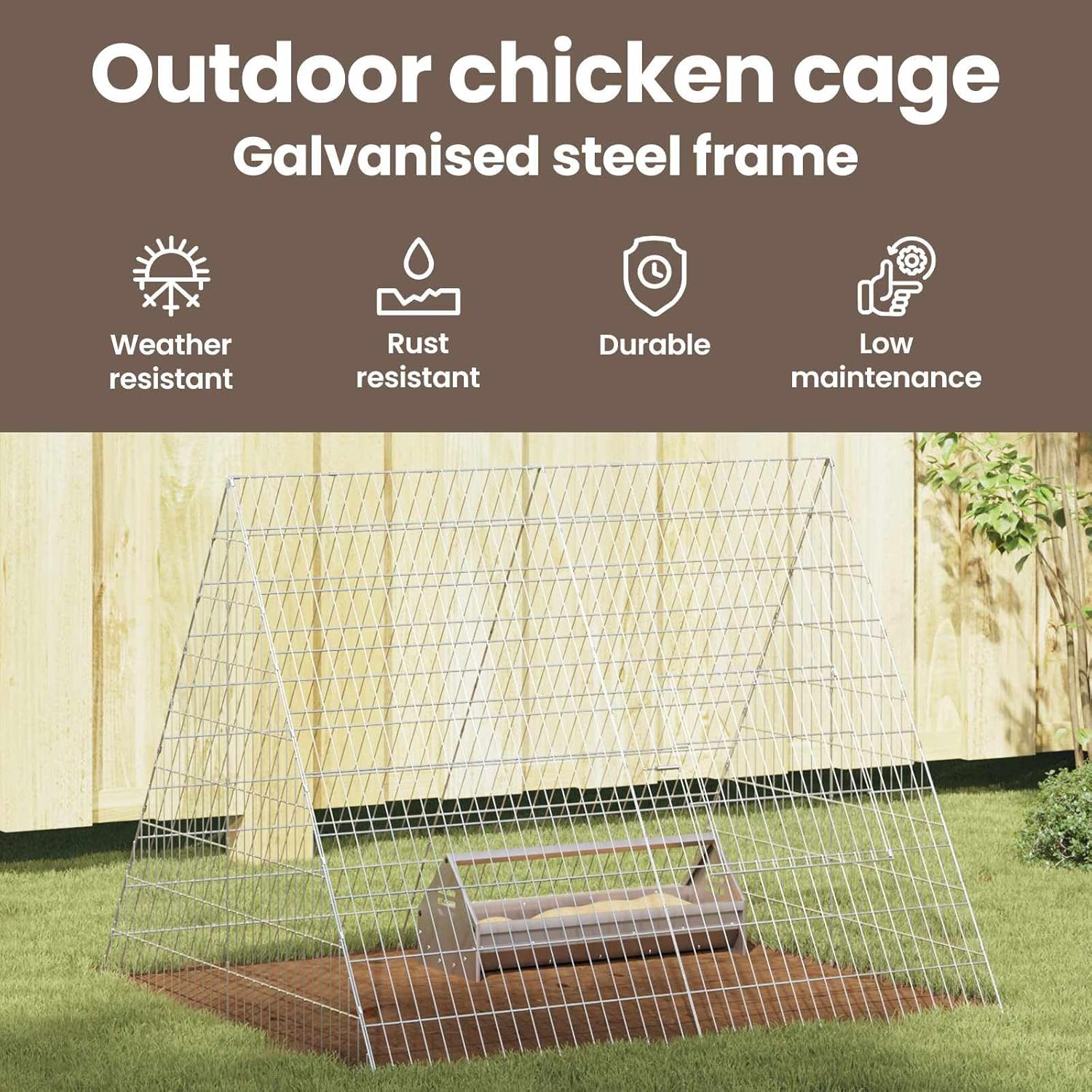 Infographic highlighting features: Weather resistant, Rust resistant, Durable, Low maintenance