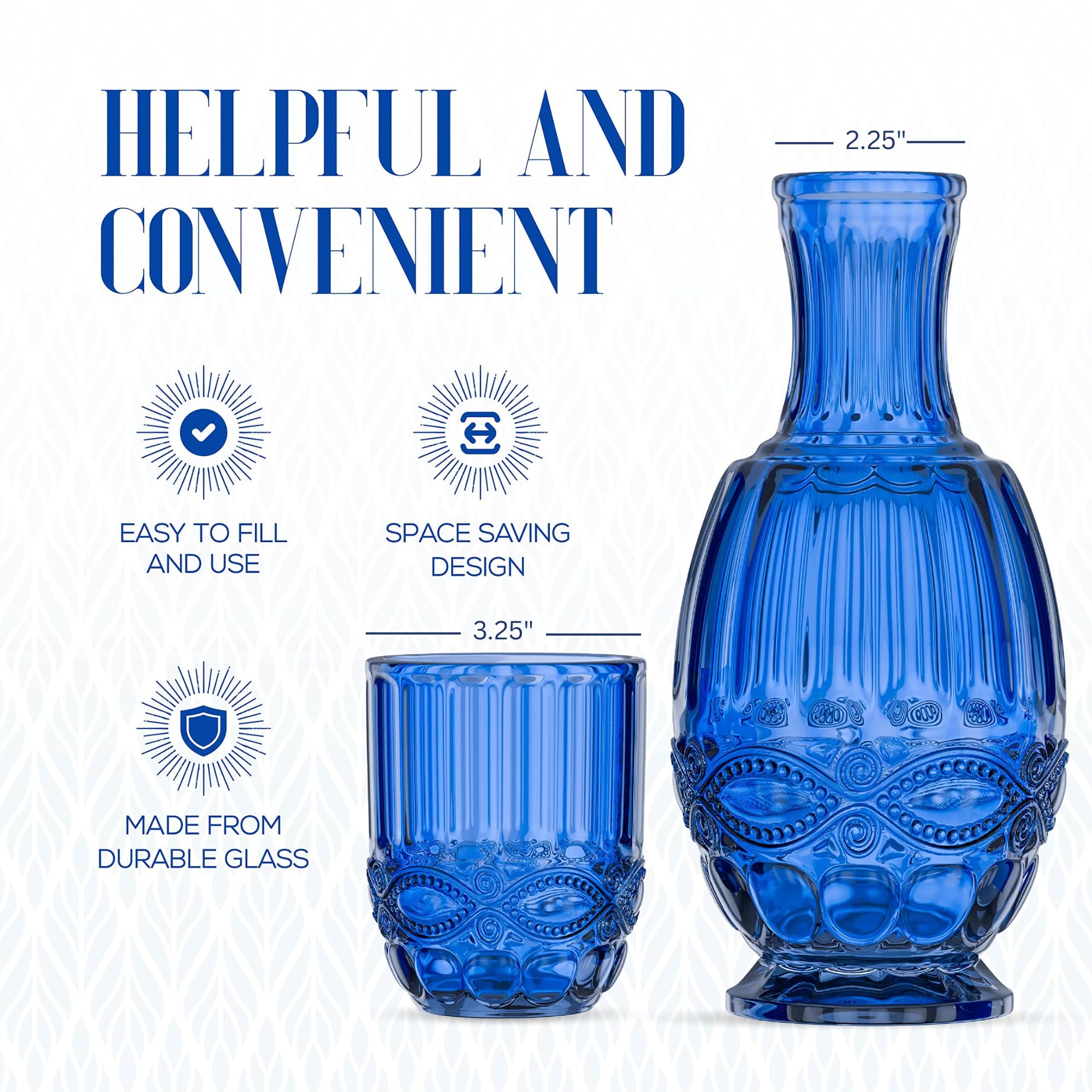 Jarra de agua para mesita de noche con vaso | Jarra de 33 onzas y vaso a juego | Úsalo como tapa para jarra | Para habitación de invitados, mesita de noche, oficina o regalo | Azul | Elle Decor