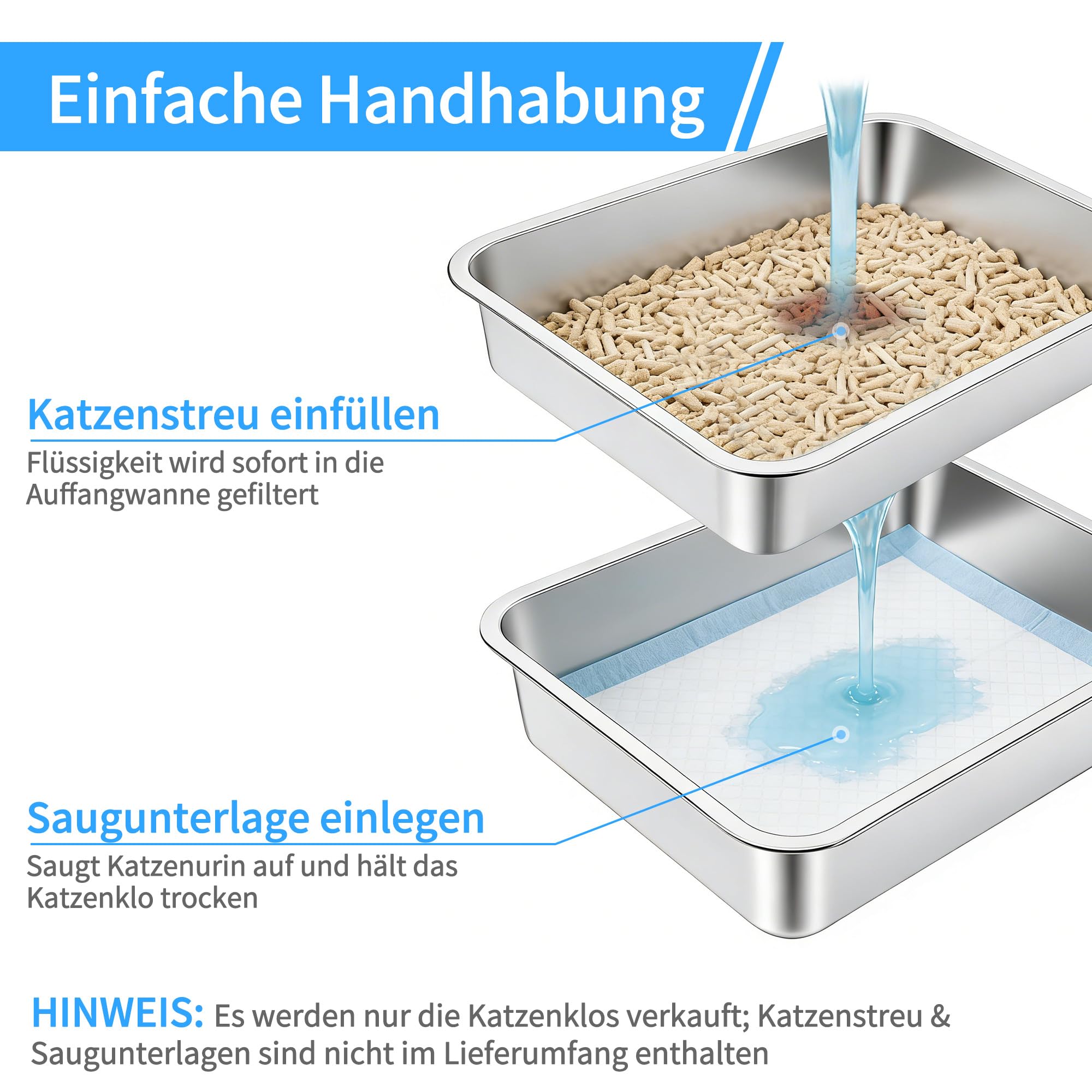 Katzenklo Edelstahl mit Abnehmbares Hoher Rand, Katzentoilette Edelstahl Offen Groß XXL Mit Hochwandigem Seitengehäuse, Metall Katzenklo, Nicht-Klebrig, Auslaufsicher & Einfach zu Re - 50 * 35 * 15cm