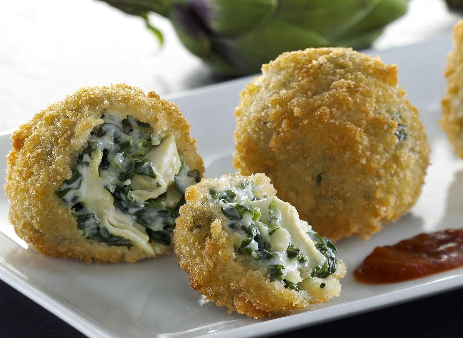 Stuffed Foods Spinach & Artichoke Bites, Frozen, 200 pcs, 4 packs of 2.34 lbs each, Gourmet Appetizers, Crispy Panko Coated