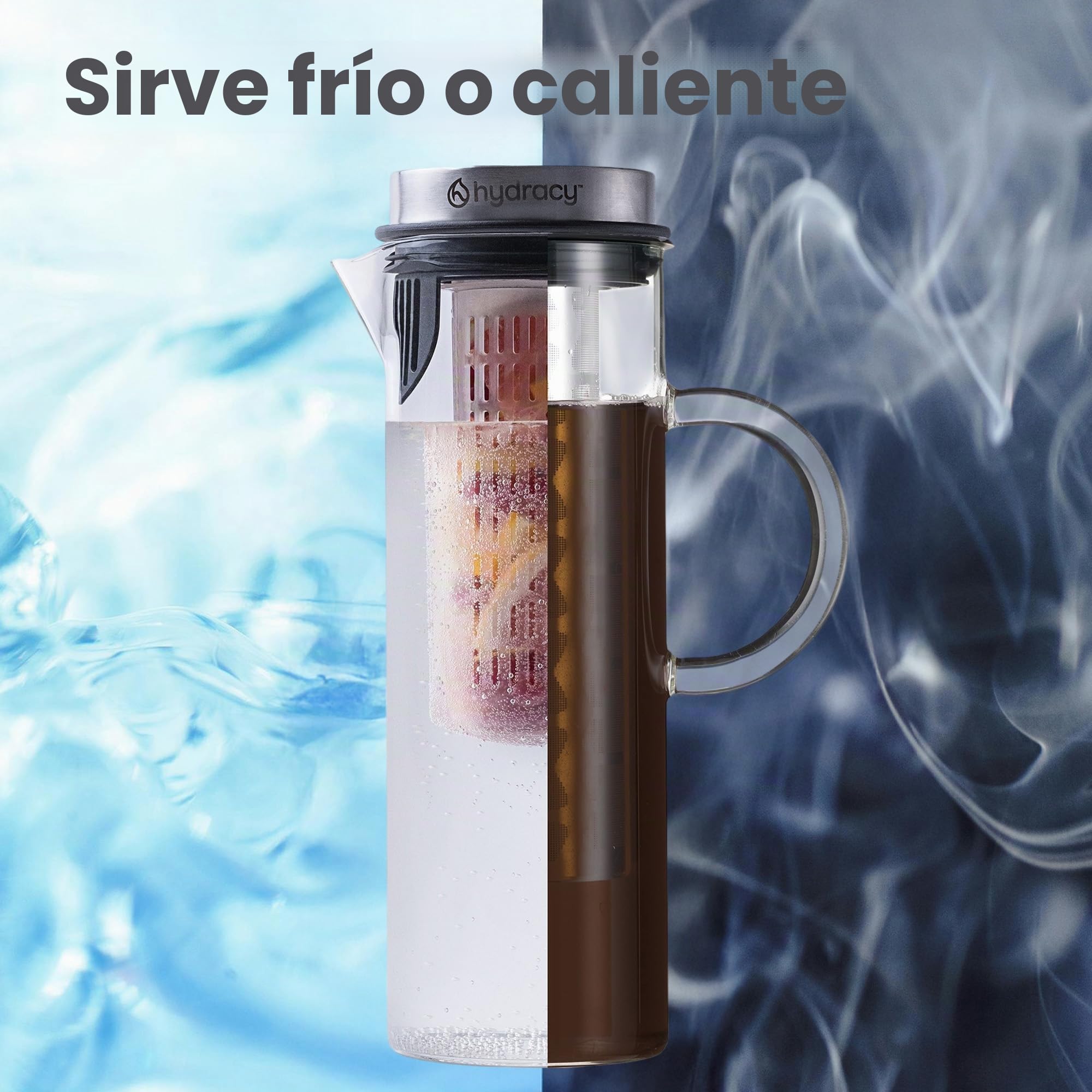 Hydracy Cafetera y Tetera - Jarra de Vidrio de 1,5L - Bebidas Frías y Calientes - Tapa y Filtro de Acero Inoxidable - Tubo Adicional para Infusiones de Frutas - Apto para Lavavajillas
