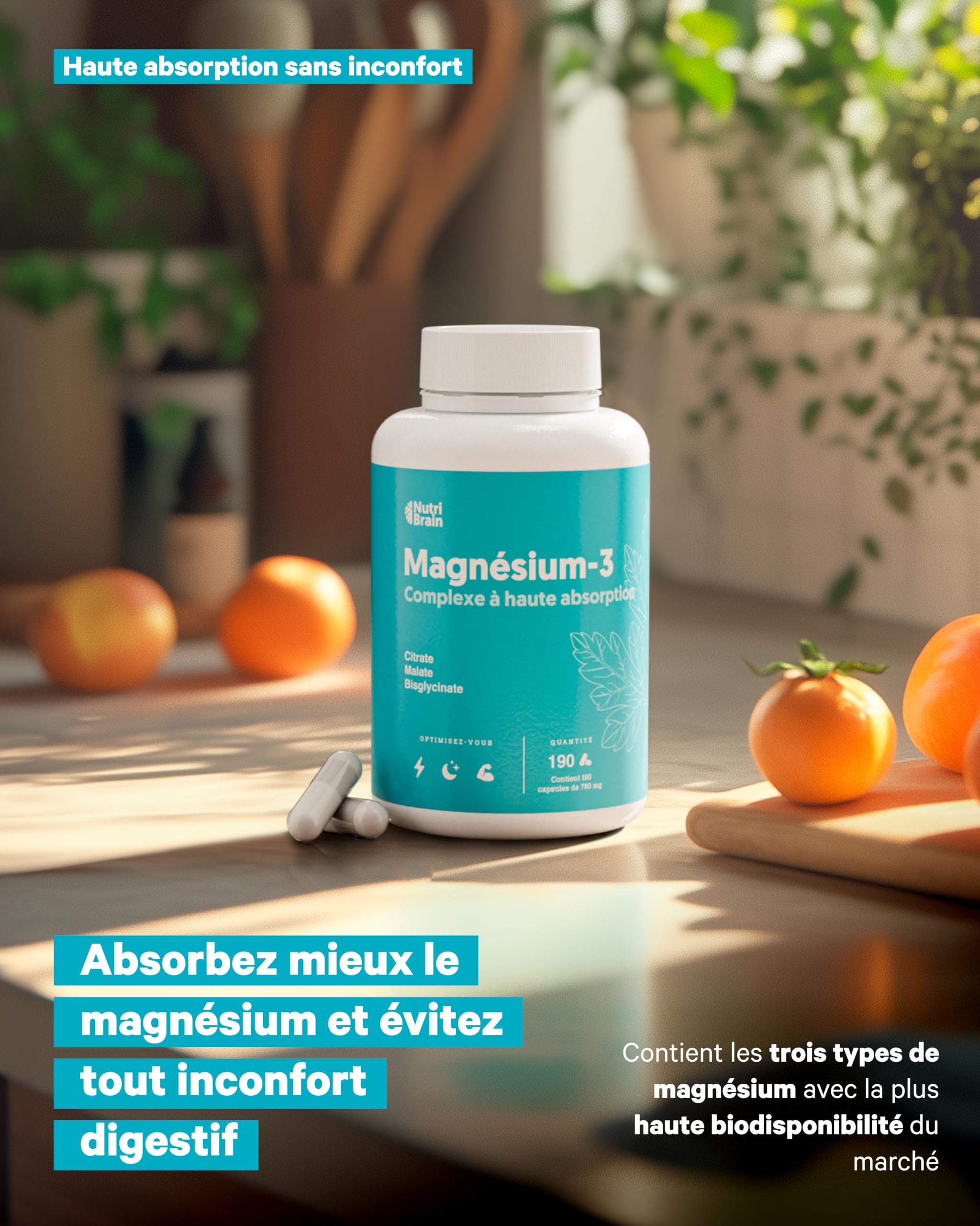 Magnésium Bisglycinate, Citrate et Malate | Complexe 3 en 1 | Anti-Fatigue et Anti-Stress | Haute Absorption et Biodisponibilité Maximale | 190 Gélules | Enérgie, Sommeil et Récupération Musculaire