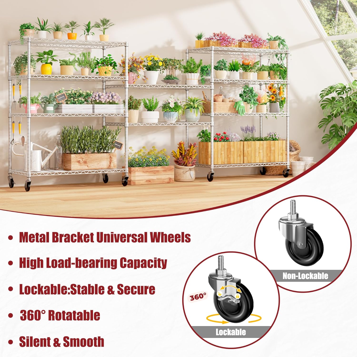 PrimeZone 5 Tier 48" Wx24''Dx81''H Wire Shelving with Wheels 3000lbs NSF Certified Storage Shelves Heavy Duty Metal Shelf Adjustable Rolling Rack Commercial Garage Restaurant Warehouse Kitchen Chrome - Image 6