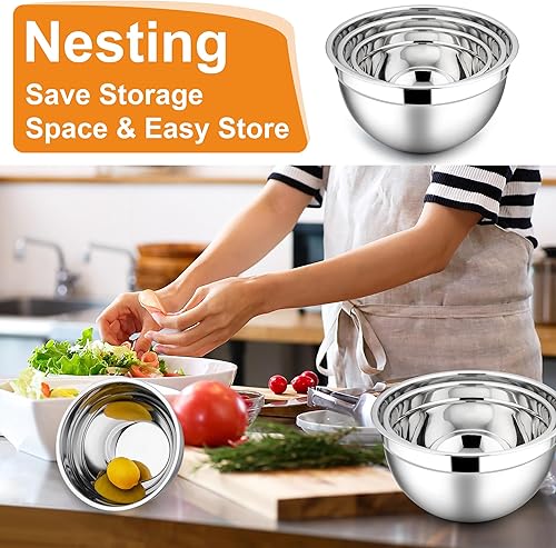 Miniatura 6 de E-far Tazones para mezclar con tapas, 6 cuencos de acero inoxidable para ensalada, cuencos de metal para hornear, cocinar y preparar, tapas