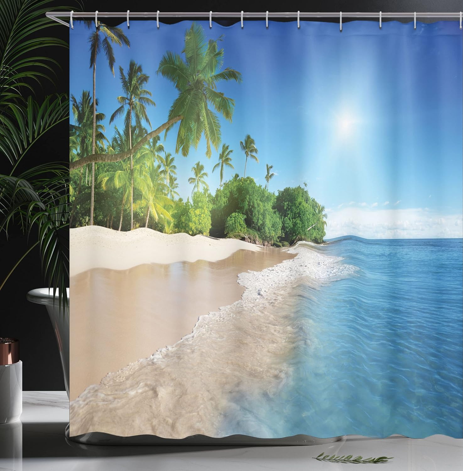 Ambesonne Tropic Shower Curtain, Ocean Tropical Palm Trees on Sunny Island Beach Scene Panoramic View Picture, Cloth Fabric Bathroom Decor Set with Hooks, 69" W x 70" L, White Green Blue