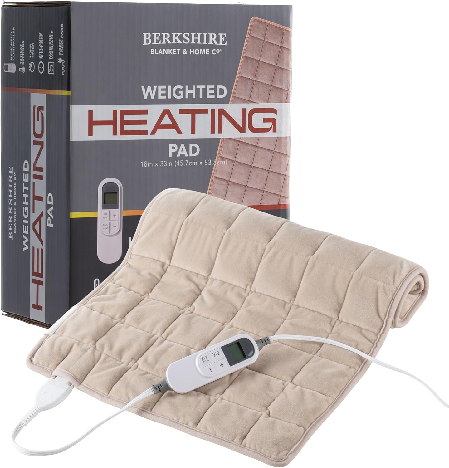 Berkshire Weighted Heating Pad for Pain Relief -18"x33" Electric Heat Wrap with 10 Heat Settings, Auto Shut Off -Targets Back, Neck, Shoulder, Leg, Abdomen Cramps -Machine Washable & Portable Grain 18" x 33"