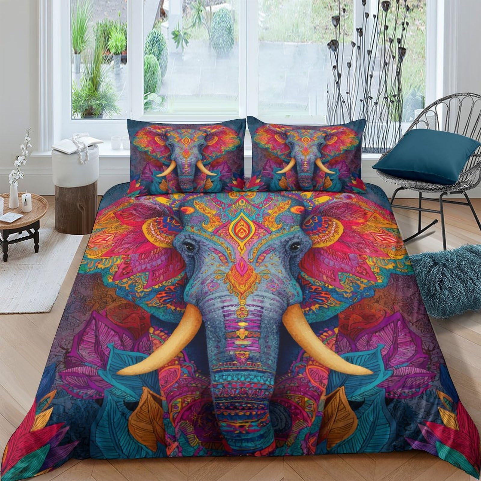 Ctjqhvkz Style-5 3D Printed Boho Elephant Fitted Sheet Microfiber Soft Vibrant Mandala Bed Cover For Bedroom Dorm Mattress Protection Decor Single（135X200cm）
