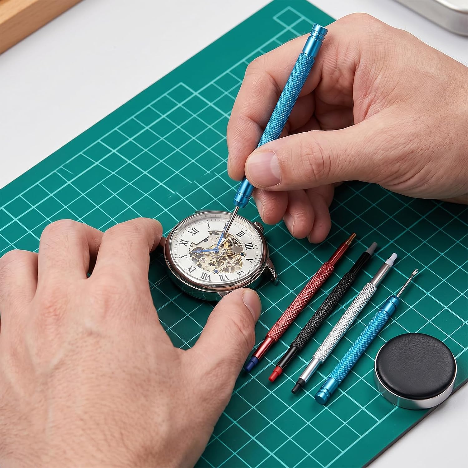 Watch Cushion & 5-Piece Watch Hand Tool,Round Leather Watches Movement Holder,Non-Slip Watches Tool Kit for Hobbyists & Professionals